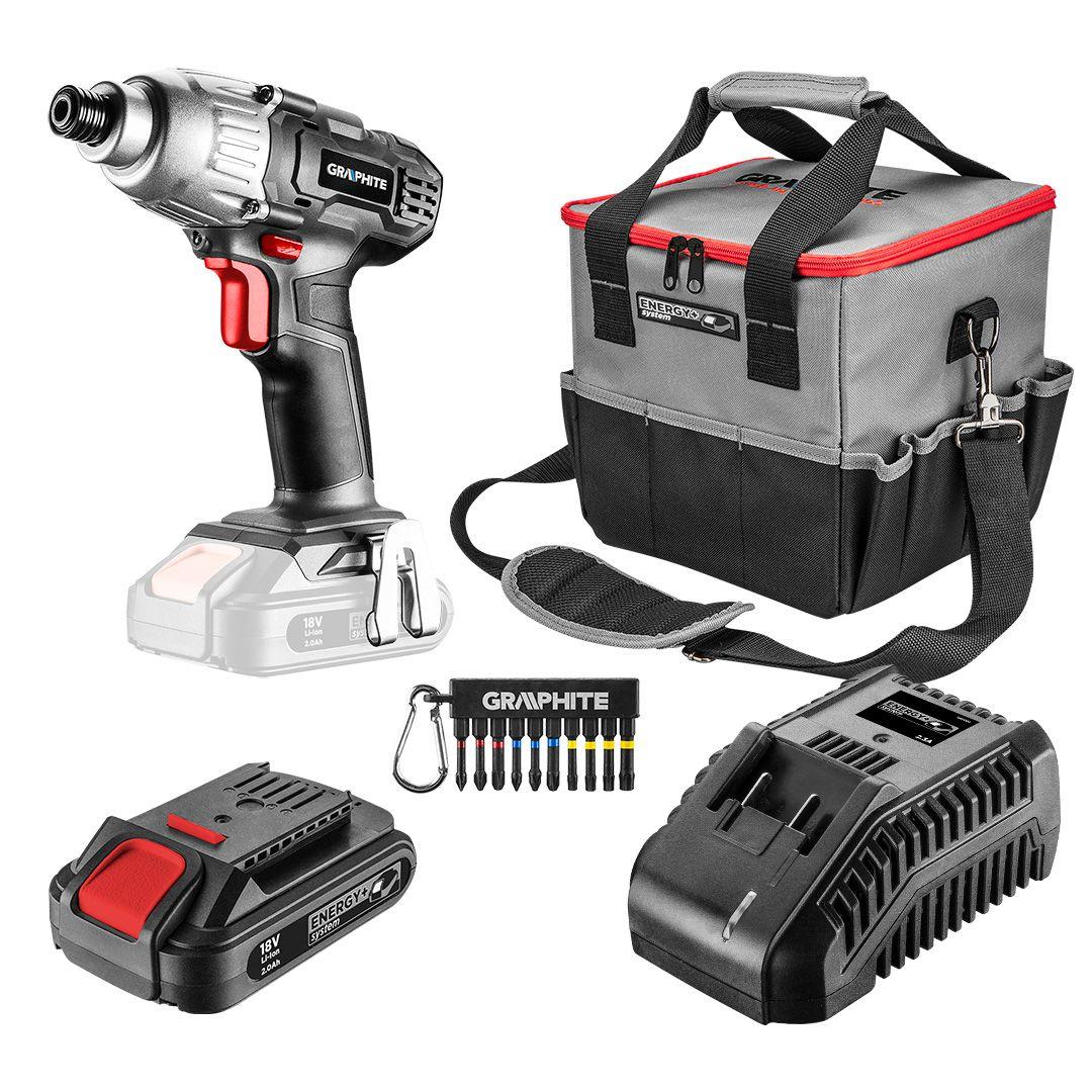 Set Energy +: surubelnita fara fir, acumulator 2.0Ah, incarcator, geanta,set 10 buc biti 58G012-S15