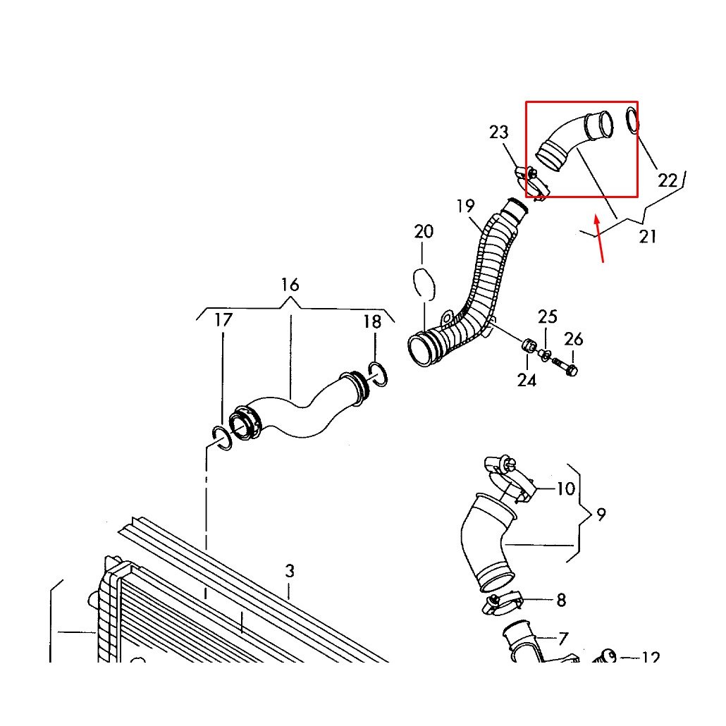 Furtun intercooler, supraalimentare Audi A3 03-13, Q3, 11-, Seat Alhambra, 10-, Altea 03-, Leon 05-12, Skoda Octavia 04-13, Superb 08-15, Yeti 09-, VW Golf 5 03-10, Golf 6 08-16, Passat (B6, CC) 05-15, Tiguan 07-16, 1.8 TFSI TSI, 2.0 TDI TFSI TSI