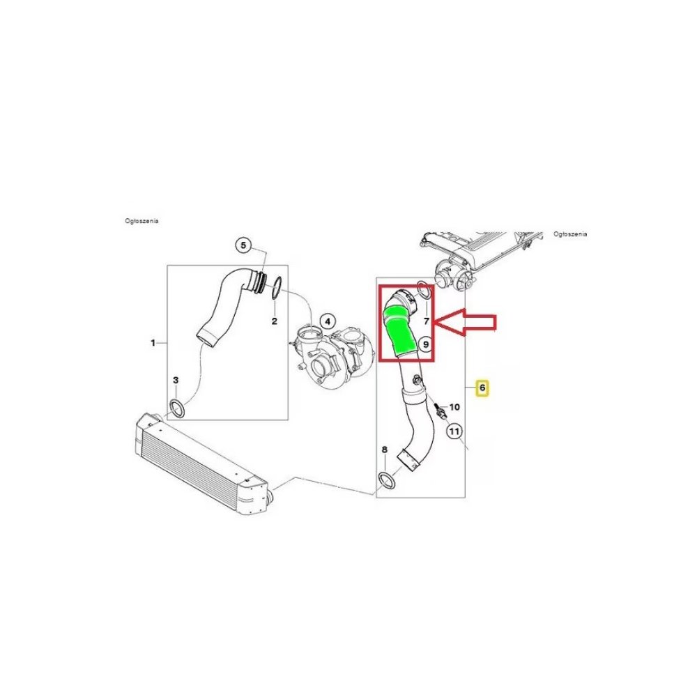 Furtun intercooler, supraalimentare BMW Seria 1 E87/E88/E81/E82, 2004-2011, motor 2.0 d, Material : Cauciuc, Cu cleme, 11614722965; 11617792316; 11617797701; 11617798439; 11617810308