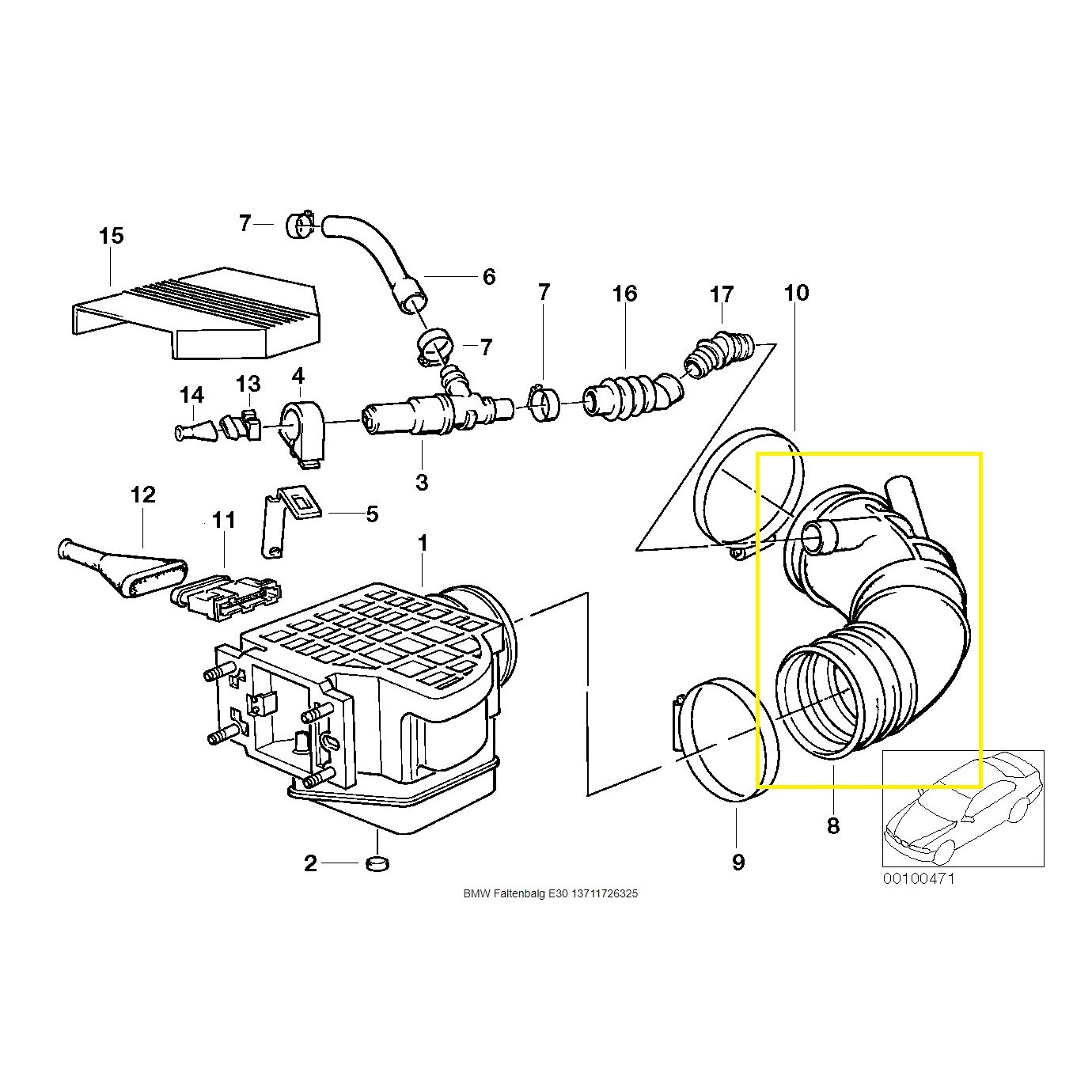 Furtun filtru aer, tubulatura filtru BMW Seria 3 E30, 1981-1993, motor 2.0 R6, 2.5 R6, Material : Cauciuc, 13711726325; 1726325