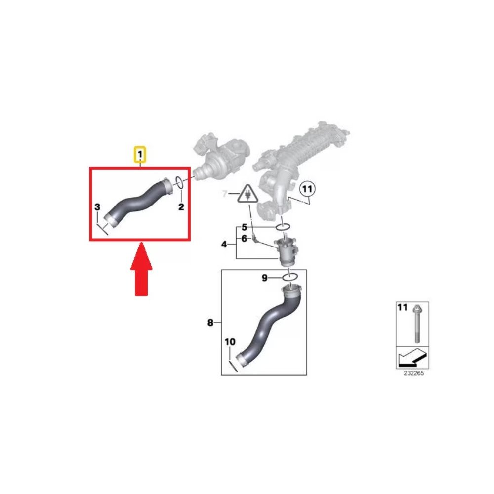 Furtun intercooler, supraalimentare BMW Seria 1 F20/21 2011-2019, Seria 2 F22/F23, 2014-, Seria 3 E90/E91/92/93, 2005-2013, Seria 3 F30/31, 2011-, X1 E84, 2009-2015, motor 1.6 D, 2.0 d, Material : Cauciuc, 11617810616; 11618583389