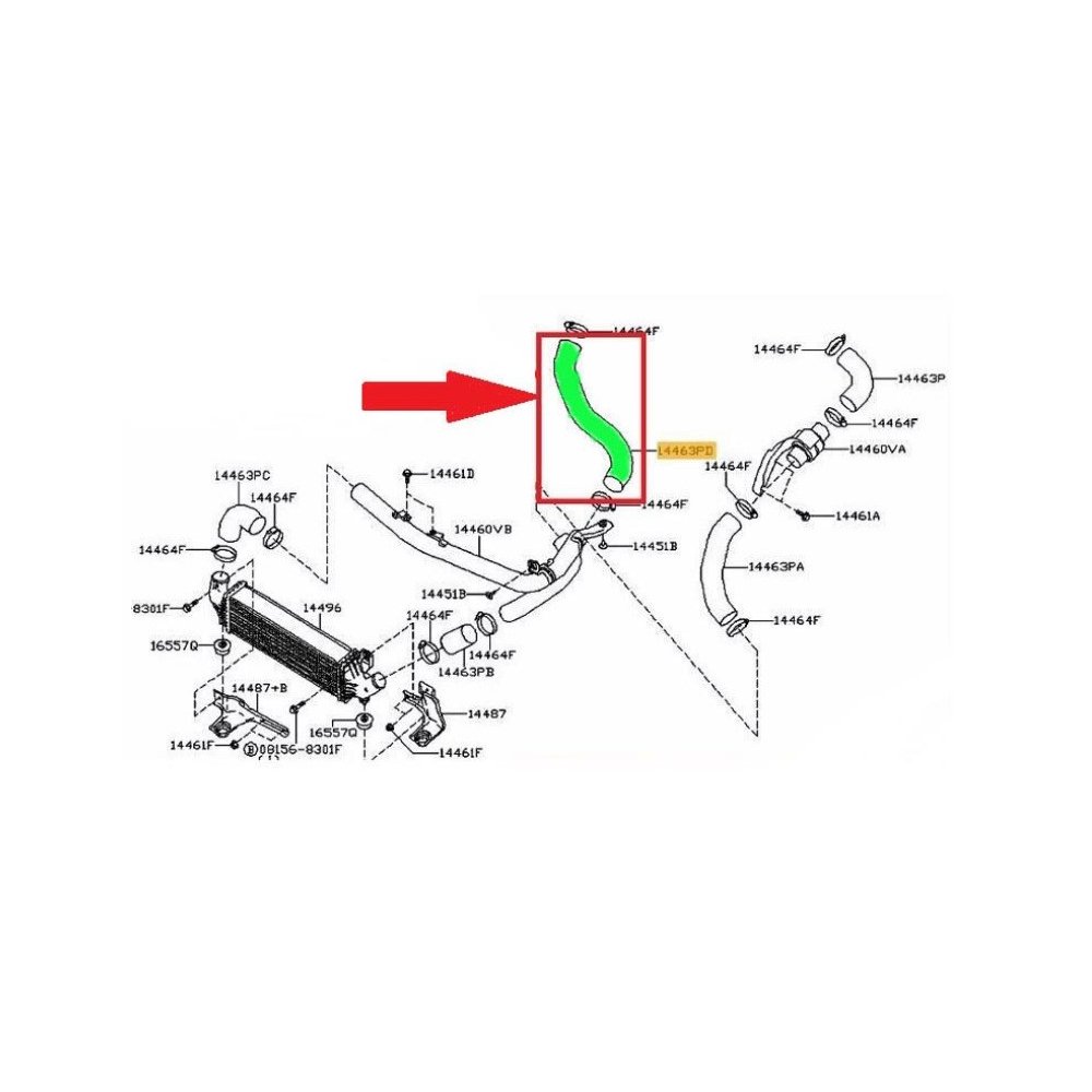 Furtun intercooler, supraalimentare Nissan Primera 2001-2007, motor 1.9 dci, Material : Cauciuc, Cu cleme, 14463AW304