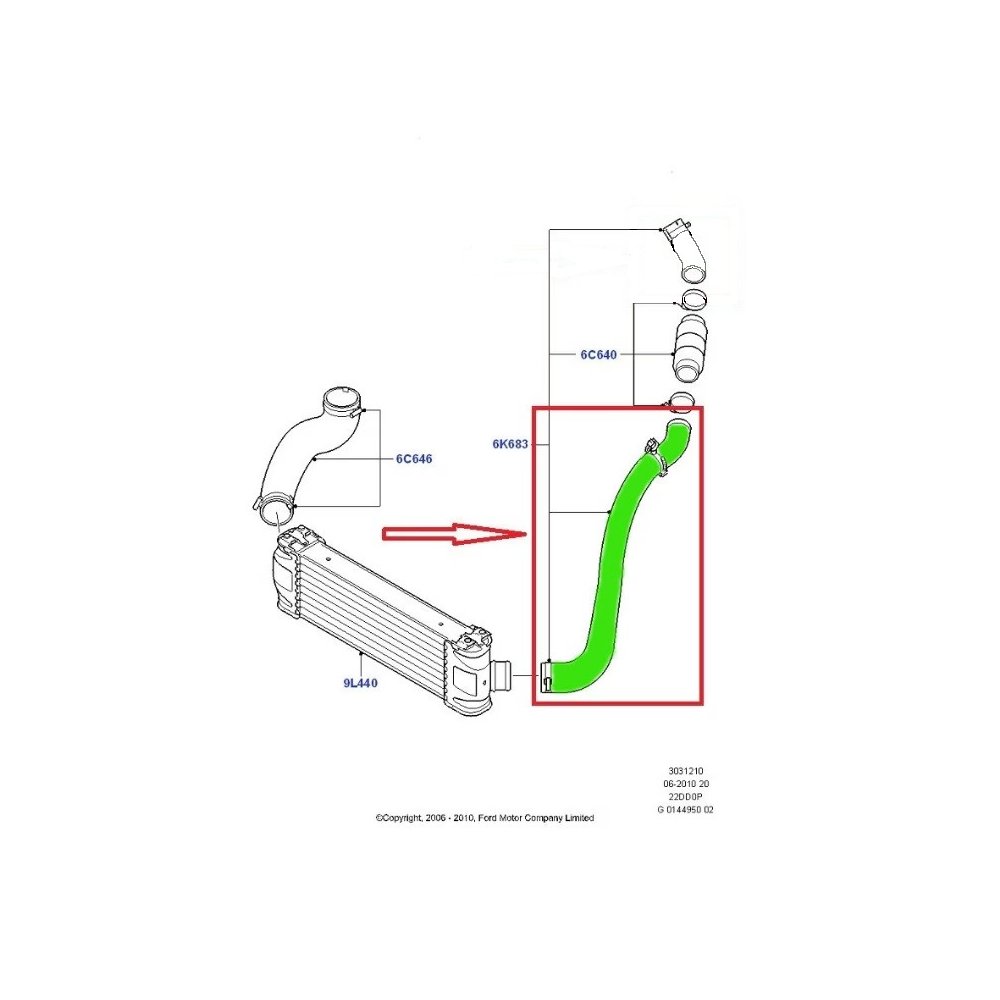 Furtun intercooler, supraalimentare Ford Transit 2006-2014, motor 2.2 TDCI, Material : Cauciuc, Diametru interior [mm] : 40/52, 1373542; 1385681; 1466704; 1466799; 1496246; 1682738