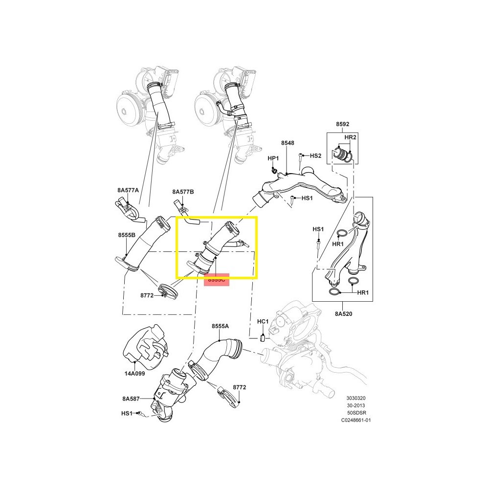 Furtun radiator incalzire habitaclu Land Rover Discovery 16-, Discovery/Lr4 09-16, Range Rover Sport 05-13, Range Rover Velar 17-, motor 3.0 V6 Supercharged, 3.0 V6k, 5.0 V8 compressor, 5.0 V8 Supercharged, P340, P380, Cauciuc, Cu cleme, 9W838555CB;