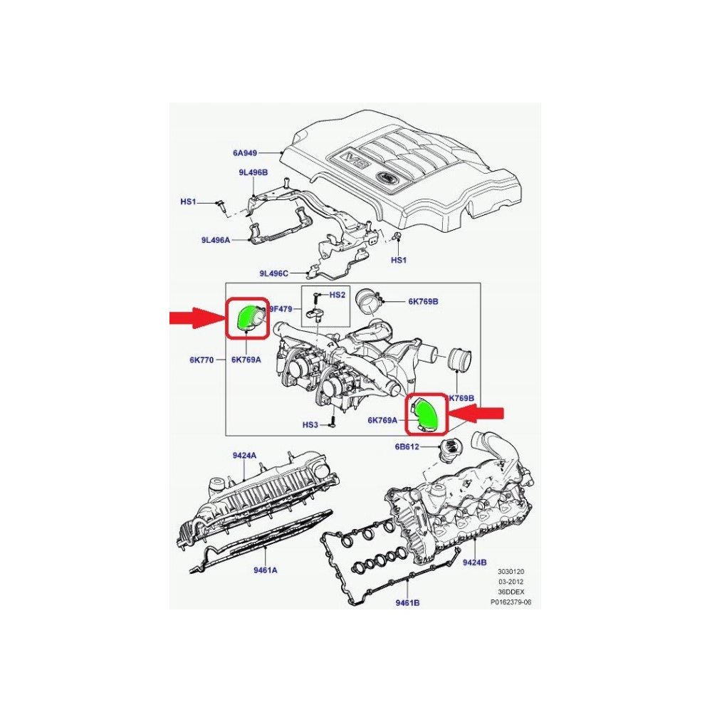 Furtun filtru aer, tubulatura filtru Land Rover Range Rover Sport, 2005-2013, Range Rover, 2002-2012, motor 3.6 TDV8, Material : Cauciuc, Cu cleme