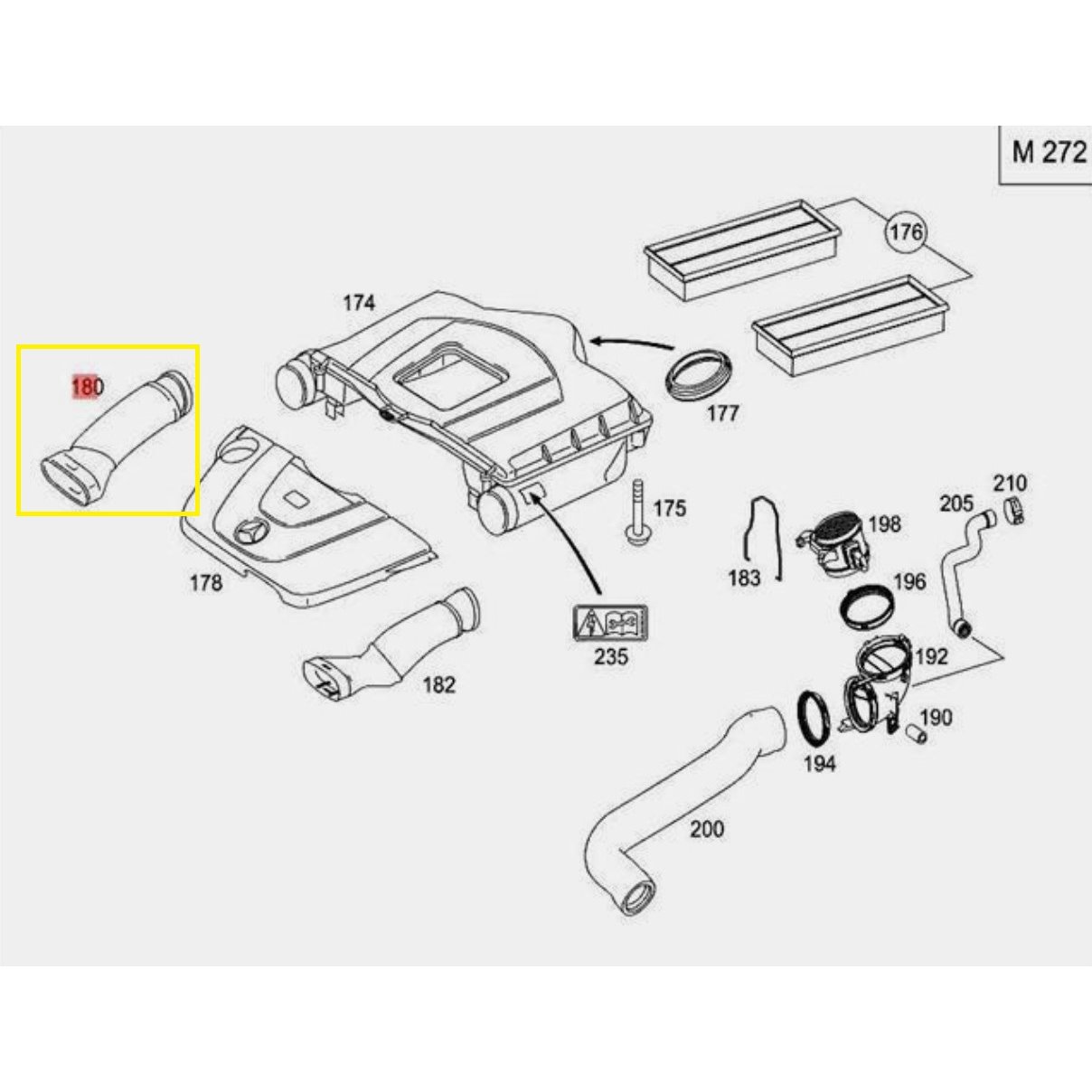 Furtun filtru aer, tubulatura filtru Mercedes Clasa C (W203), 2000-2007, Clasa Clc (Cl203), 2008-, C-Sportcoupe (Cl203), 2000-2008, motor 2.5 V6, 3.0 V6, 3.5 V6, Plastic, 2720900282; A2720900282