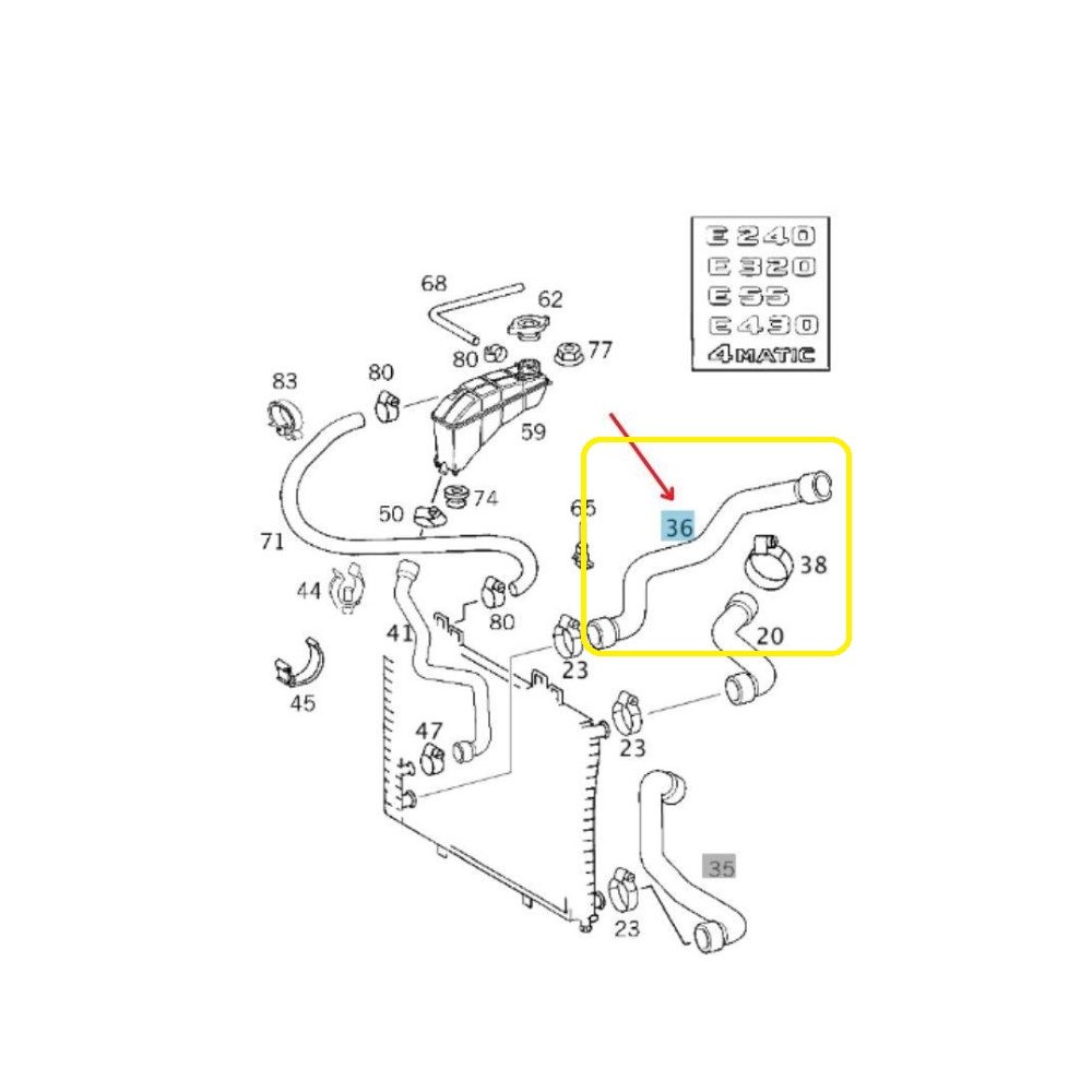 Furtun radiator racire Mercedes Clasa E (W210), 1995-2003, motor 2.4 V6, 2.8 V6, 3.2 V6, Material : Cauciuc, Diametru interior [mm] : 30/35, 2105013282; A2105013282