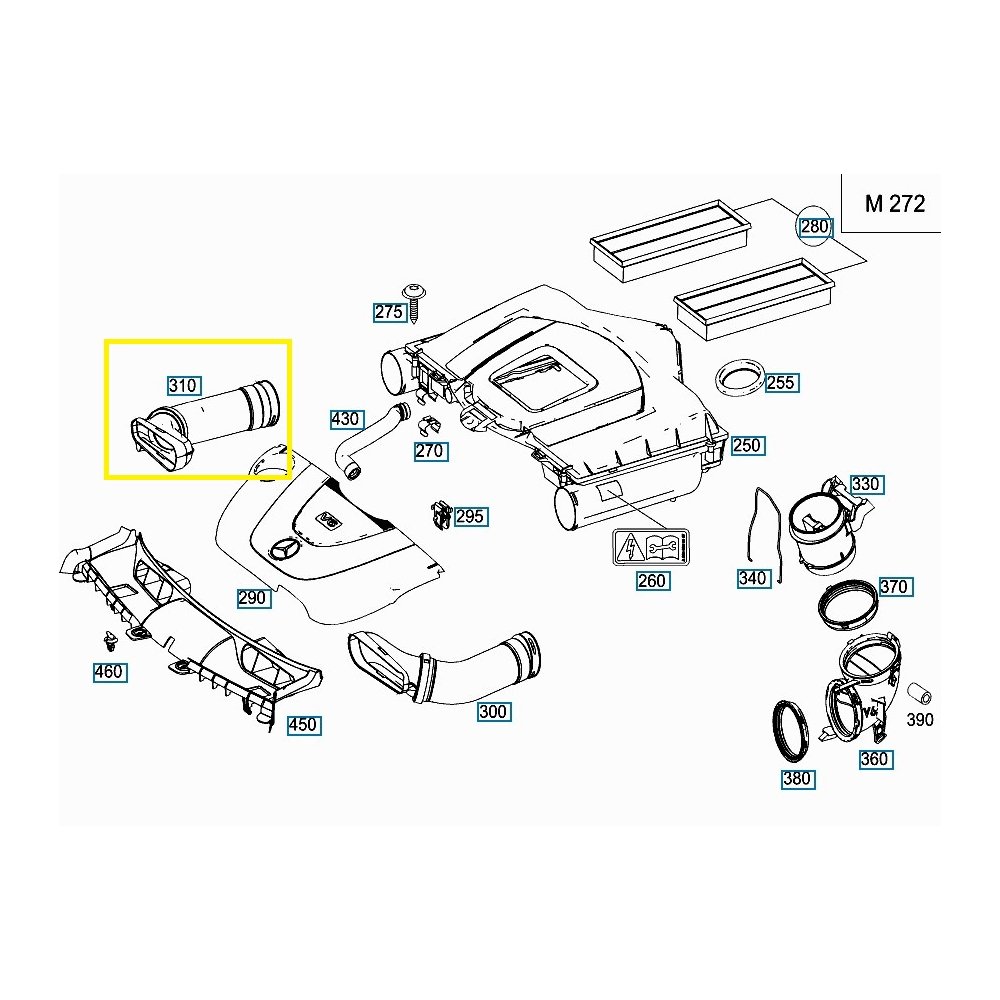 Furtun filtru aer, tubulatura filtru Mercedes Glk (X204), 2008-, motor 3.0 V6, 3.5 V6, Material : Plastic, partea dreapta, 2720902882; A2720902882