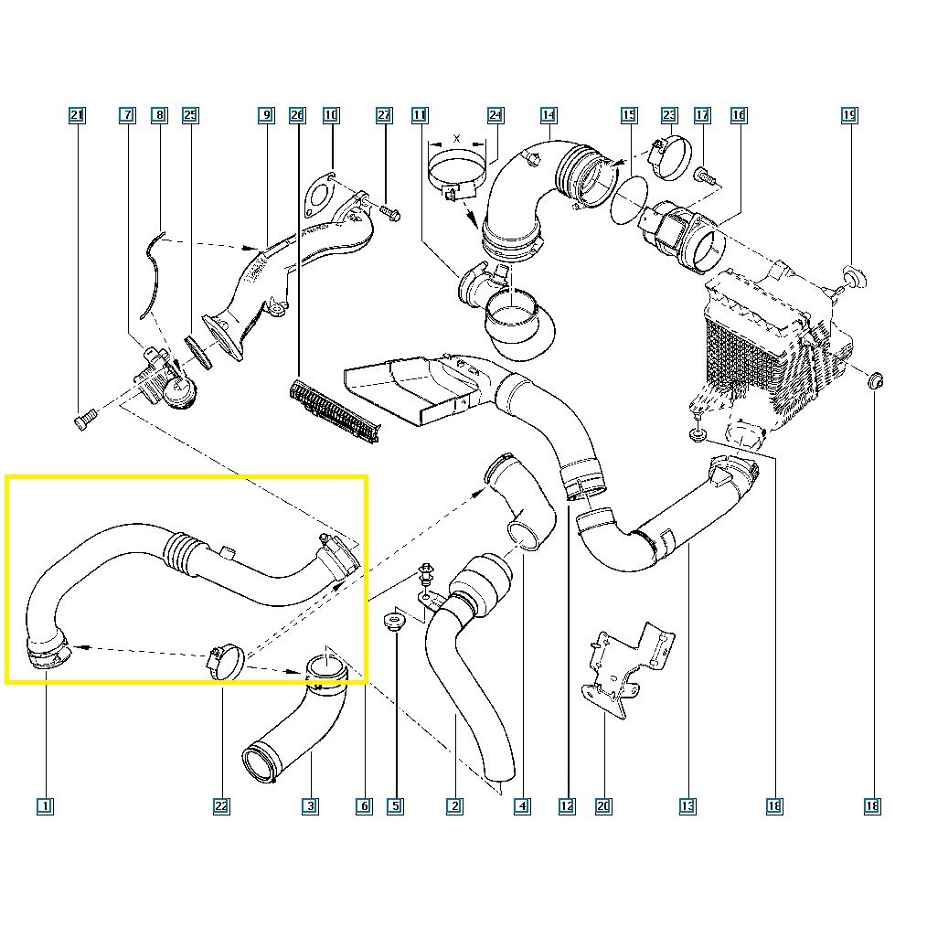 Furtun intercooler, supraalimentare Renault Grand Scenic 2004-2009, Megane 2002-2008, Scenic 2003-2009, motor 1.9 dci, Material : Plastic, Cu cleme, 8200201617; 8200363471