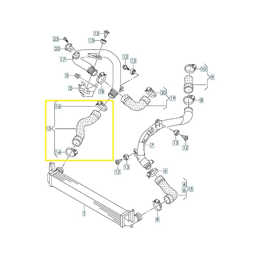 Furtun intercooler, supraalimentare Seat Ibiza 2008-2017, Skoda Fabia 2007-2015, Roomster 2006-, Vw Polo 2009-2017, motor 1.2 TDI, Material : Cauciuc, Cu cleme, 6R0145834C