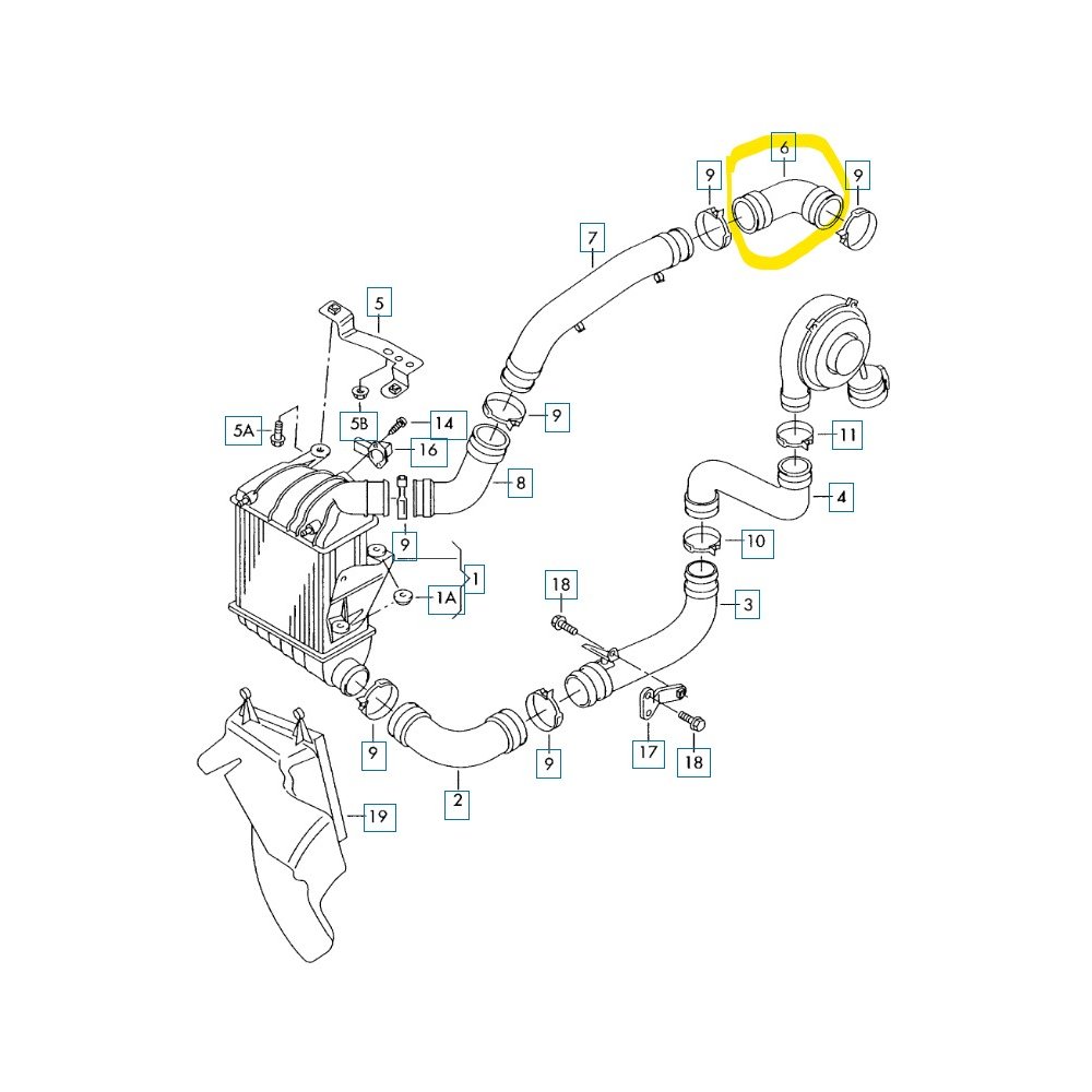 Furtun intercooler, supraalimentare Seat Cordoba 2002-2009, Seat Ibiza 2002-2008, Skoda Fabia, 1999-2007, Fabia 2007-2015, Roomster 2006-, Vw Polo 2001-2005, Polo 2005-2009, motor 1.9 TDI, Material : Cauciuc, Diametru interior [mm] : 45, 6Q0145838J