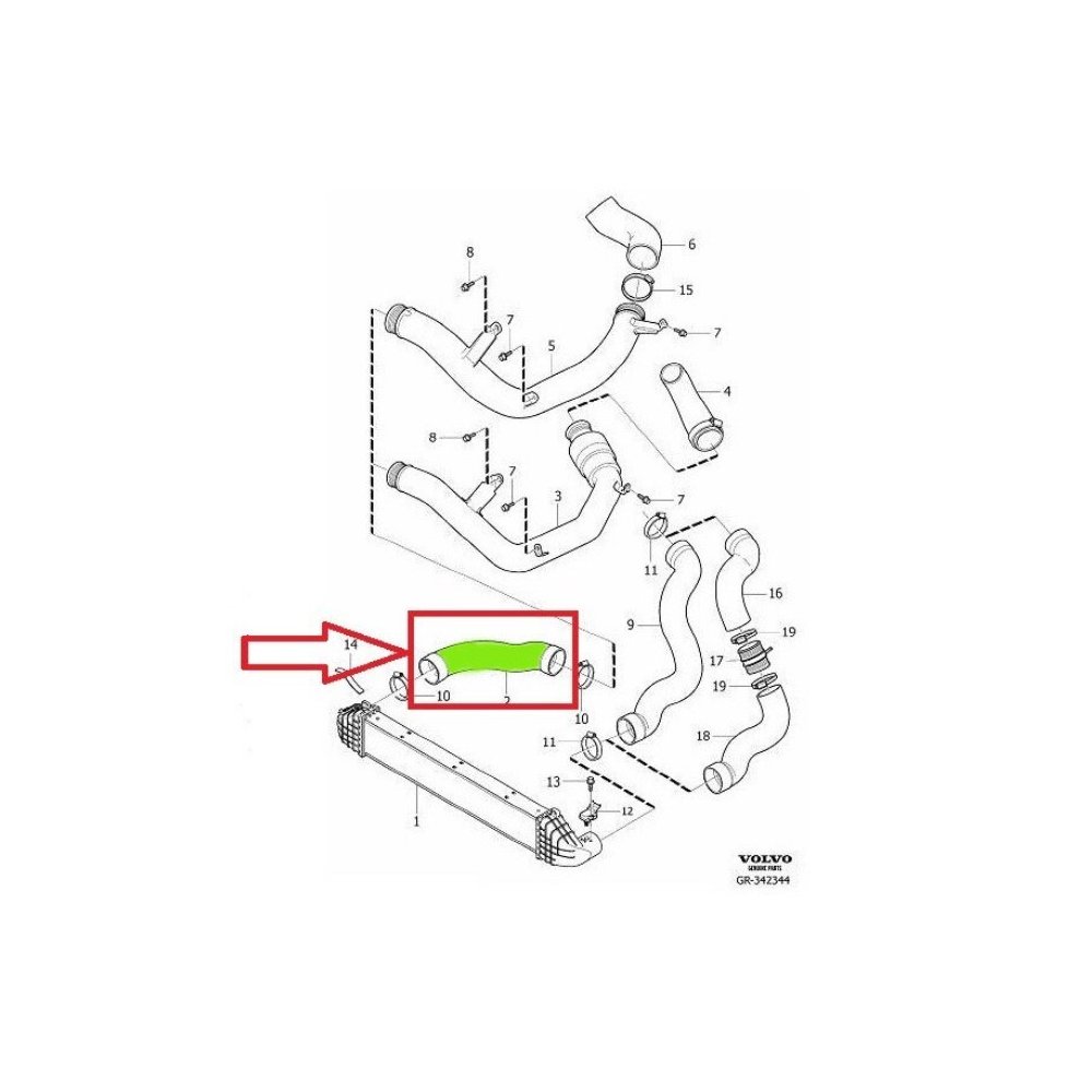 Furtun intercooler, supraalimentare Volvo S60/V60 2010-2019, S80 2006-2015, V70 2007-2016, Xc60 2008-2017, Xc70 2007-2016, motor 2.0 D3, 2.0 D4, 2.4 D5, 2.4 D, Material : Cauciuc, Cu cleme, 31293511; 31338092; 31370705