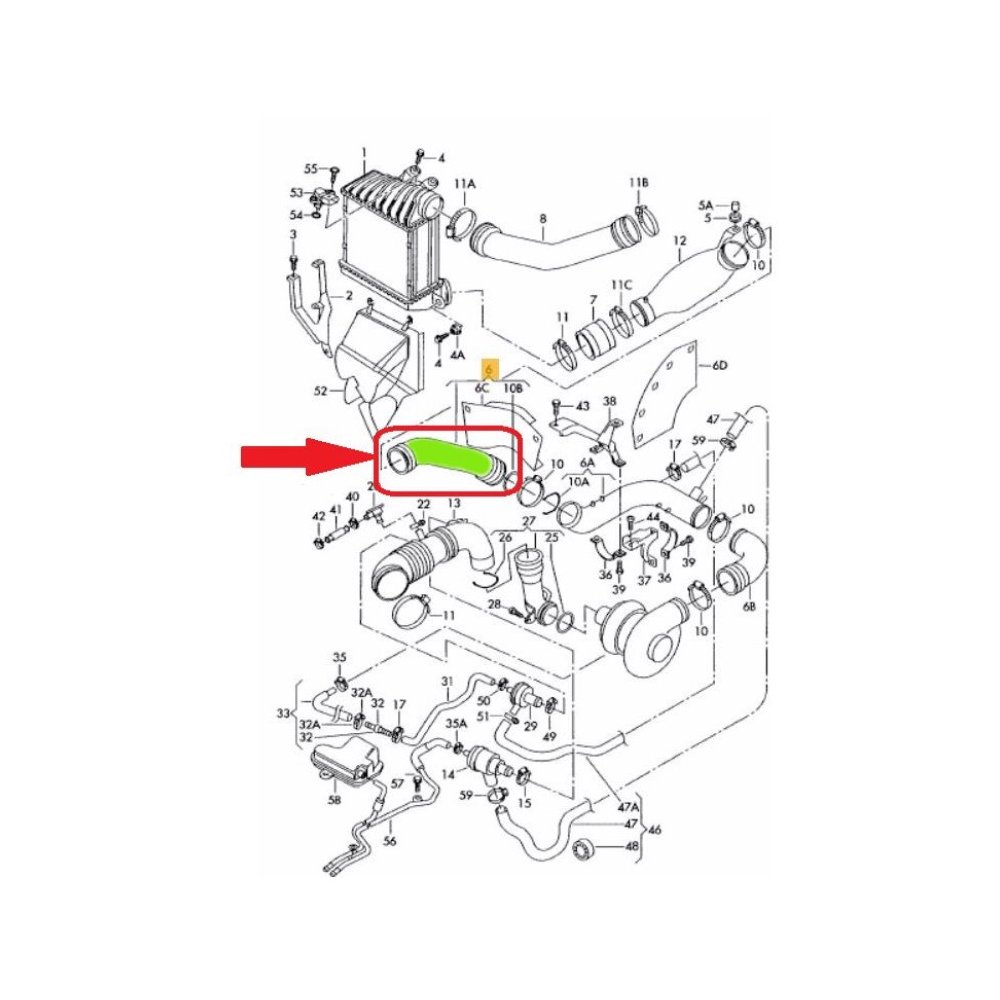 Furtun intercooler, supraalimentare Audi A3, 96-03, Tt, 98-06, Seat Leon, 99-05, Toledo, 99-05, Skoda Octavia, 96-10, Vw Bora, 98-05, Golf 4, 97-03, New Beetle, 98-10, motor 1.8 T, 1.9 TDI, Cauciuc, Diam. int. [mm] : 55, 06A145790C