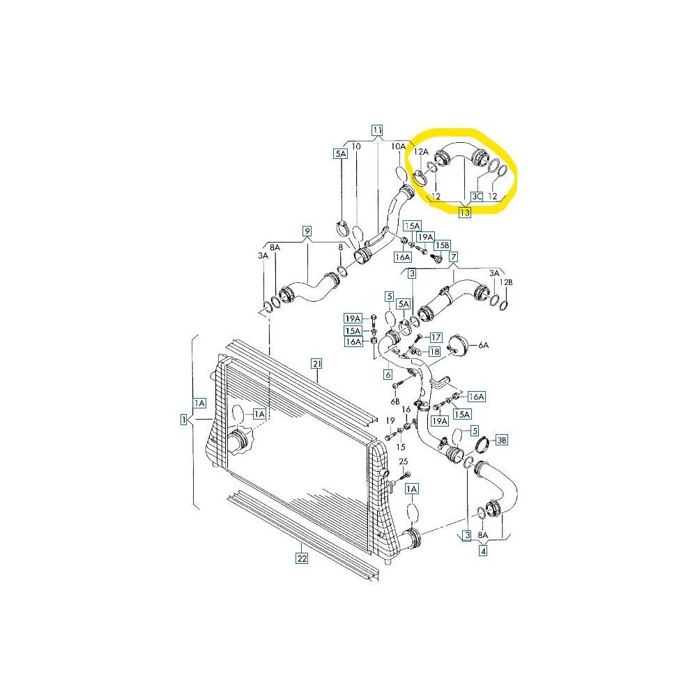 Furtun intercooler, supraalimentare Audi A3 03-13, Seat Altea 03-, Leon 05-12, Toledo 04-10, Skoda Octavia 04-13, Superb 08-15, Vw Caddy 04-, Golf 5 03-10, Jetta 05-10, Passat (B6) 05-10, Touran 03-10, motor 1.9 TDI, 2.0 TDI, Cauciuc, Cu cleme, 3C0145838A