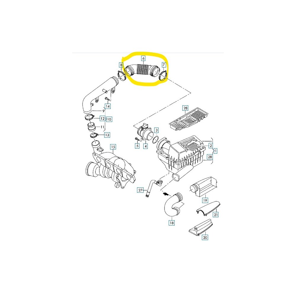 Furtun filtru aer, tubulatura filtru Audi A3 03-13, Seat Altea 03-, Leon 05-12, Skoda Octavia 04-13, Superb 08-15, Yeti 09-, VW Golf 5 03-10, Golf 6 08-16, Jetta 05-10, Passat (B6, B7, CC) 05-15, Touran 03-10, motor 1.8 TFSI TSI, 2.0 TDI TSI TFSI