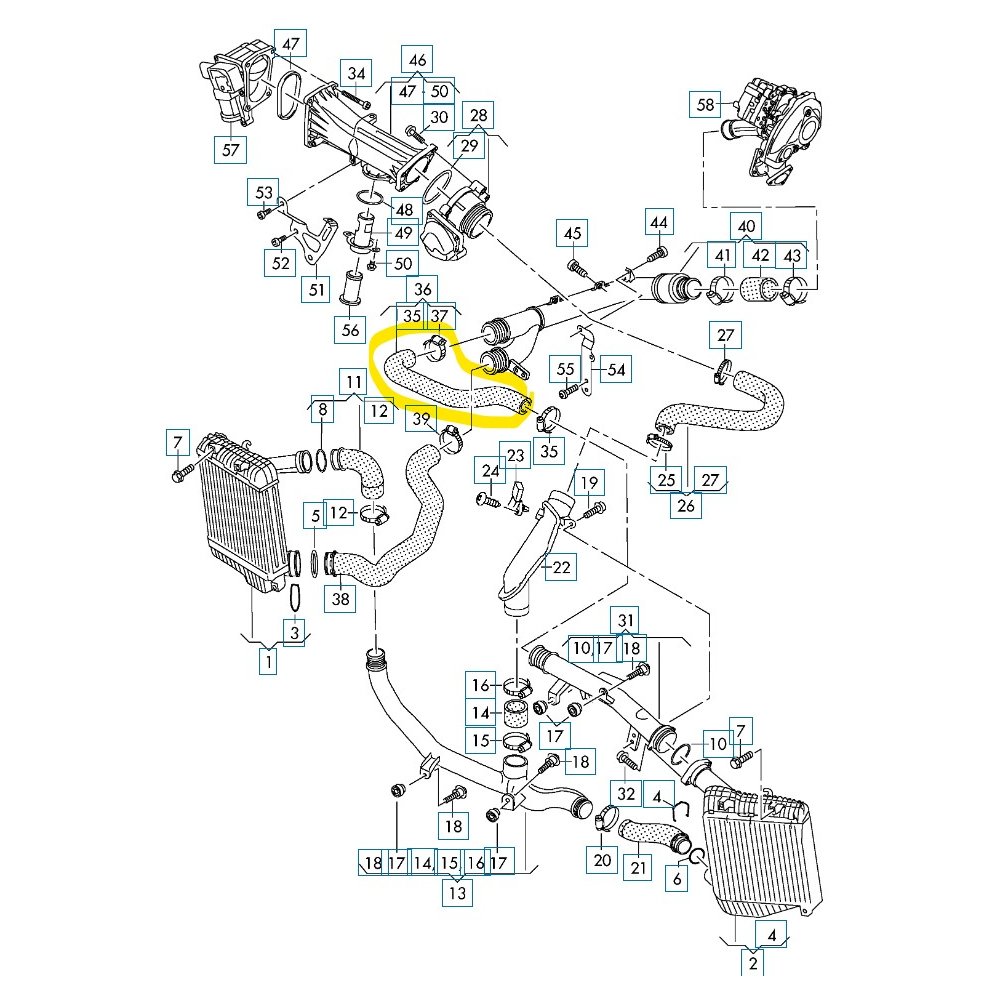 Furtun intercooler, supraalimentare Vw Touareg 2010-2018, motor 3.0 TDI, Material : Cauciuc, Cu cleme, 7P0145737A; 7P0145737D