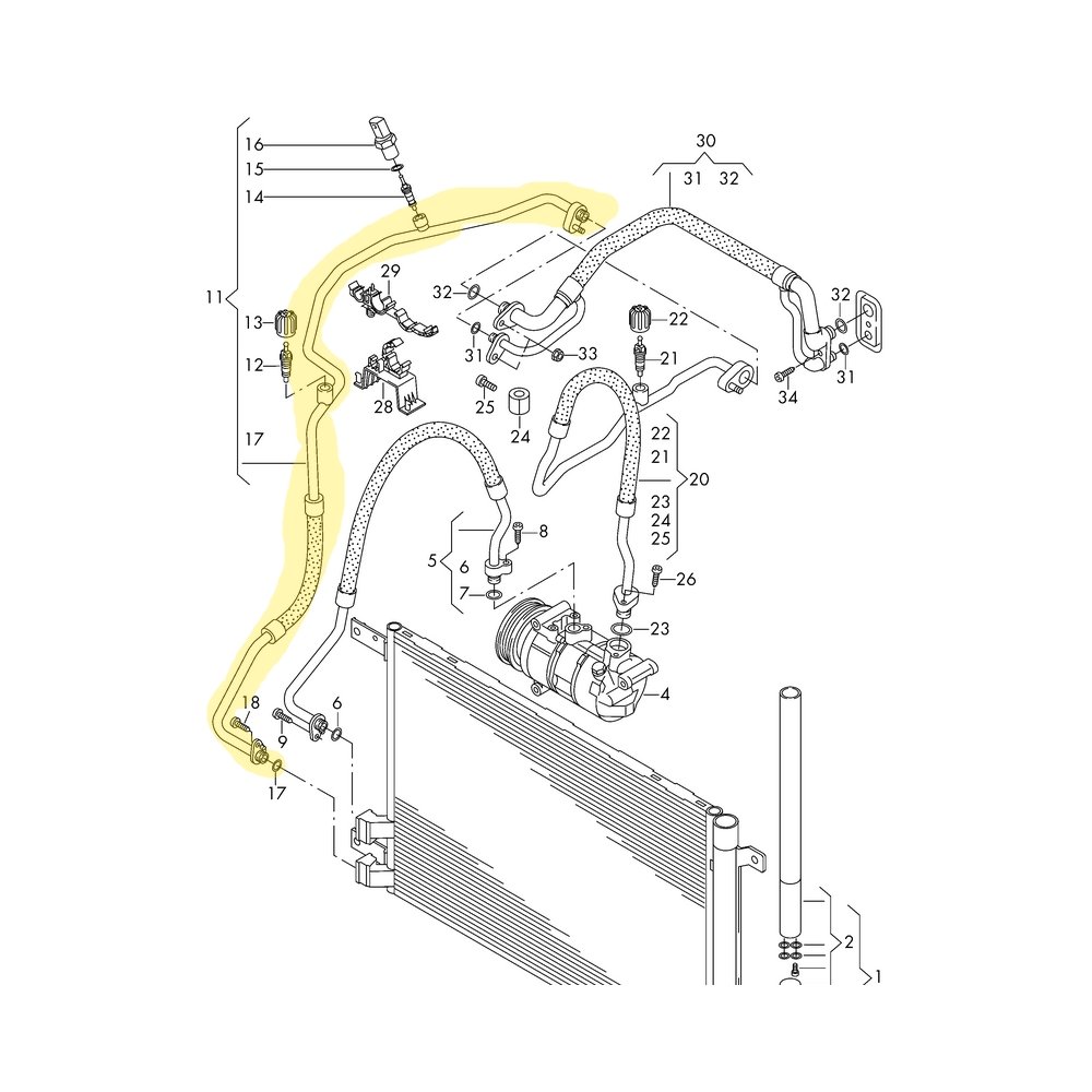 Conducta aer conditionat Audi A3 2012-, Seat Ateca 2016-, Leon 2013-, Skoda Karoq 2017-, Octavia 2013-, Superb 2015-, Vw Golf 7 2012-, Passat (B8) 2014-, Tiguan 2016-, Touran 2015-,TSI, TFSI, TDI , furtun inalta presiune , Condensor - Evaporator