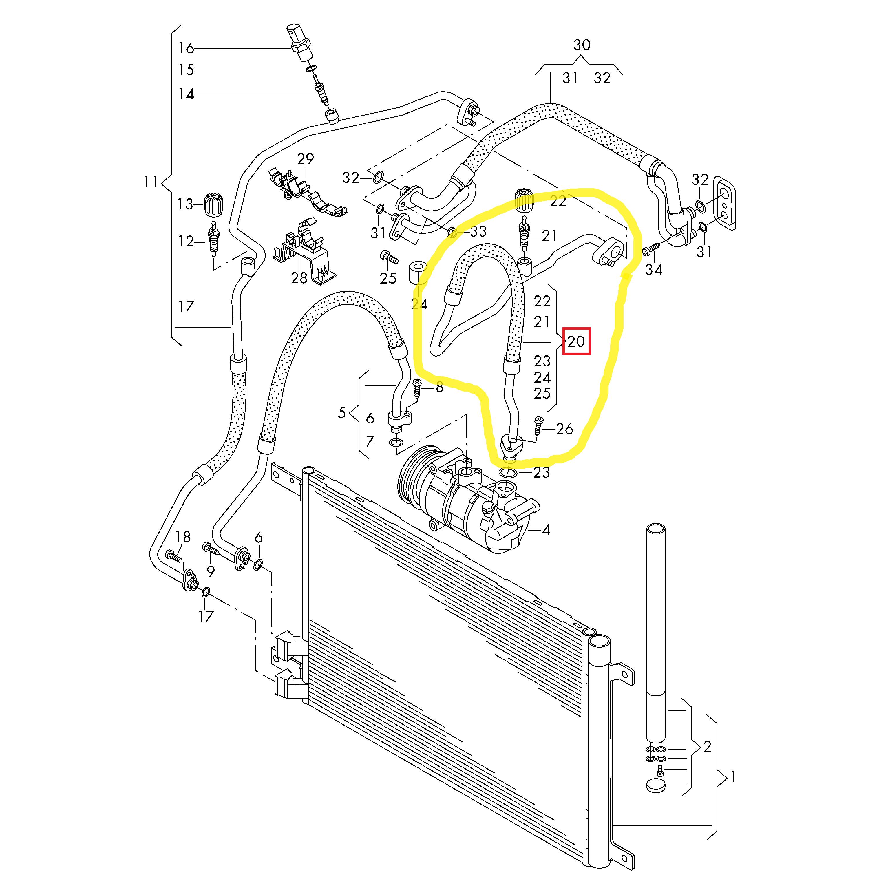 Conducta aer conditionat Audi A3 2012-, Seat Ateca 2016-, Leon 2013-, Skoda Karoq 2017-, Octavia 2013-, Superb 2015-, Vw Golf 7 2012-, Passat (B8) 2014-, Tiguan 2016-, Touran 2015-,TSI, TFSI, TDI , furtun joasa presiune , Condensor - Evaporator