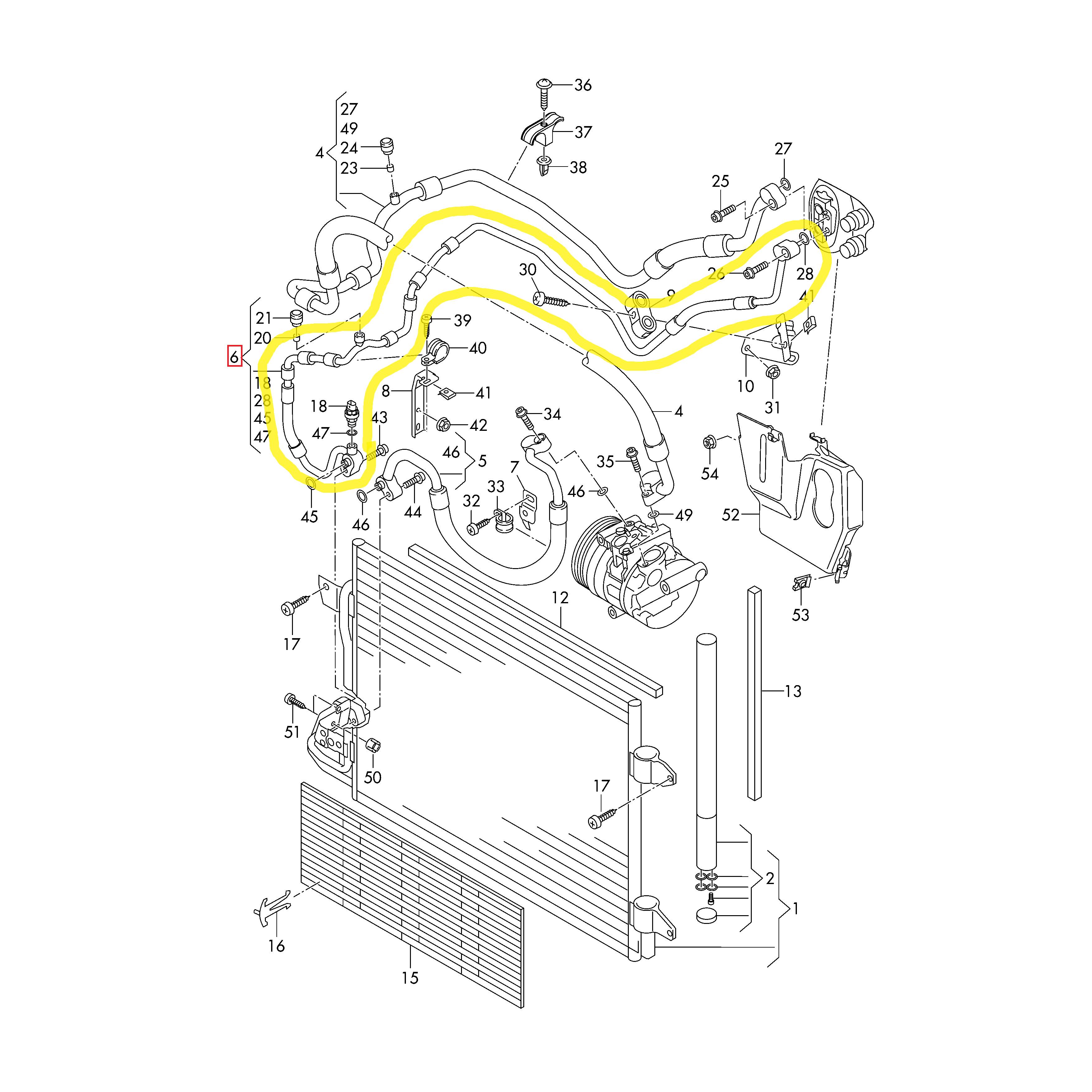 Conducta aer conditionat Audi A3 03-13, Seat Leon 05-12, Skoda Octavia 04-13, Superb 08-15, Yeti 09-, Vw Caddy 04-, Golf 5 03-10, Golf 6 08-16, Jetta 05-10, Tiguan 07-16, Touran 03-15, motor 2.0 TDI, 1.9 TDI, furtun inalta presiune Condensor - Evaporator