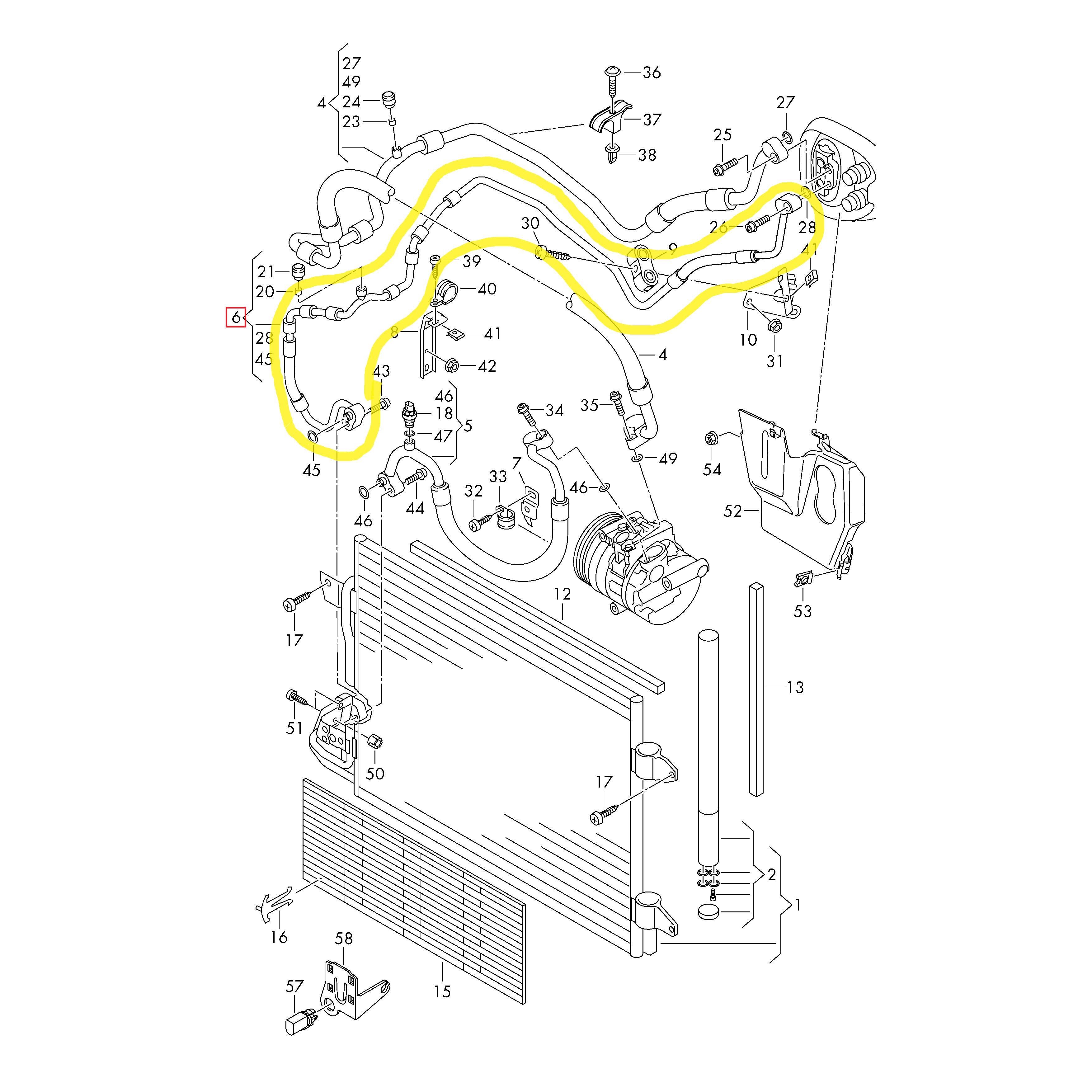 Conducta aer conditionat Audi A3 03-13, Seat Altea 03-, Leon 05-12, Skoda Octavia 04-13, Superb 08-15, Yeti 09-, Vw Golf 5 Plus 05-09, Golf 6 08-16, Jetta 05-10, Scirocco 08-, motor TDI, TFSI, TSI, furtun inalta presiune , Condensor - Evaporator