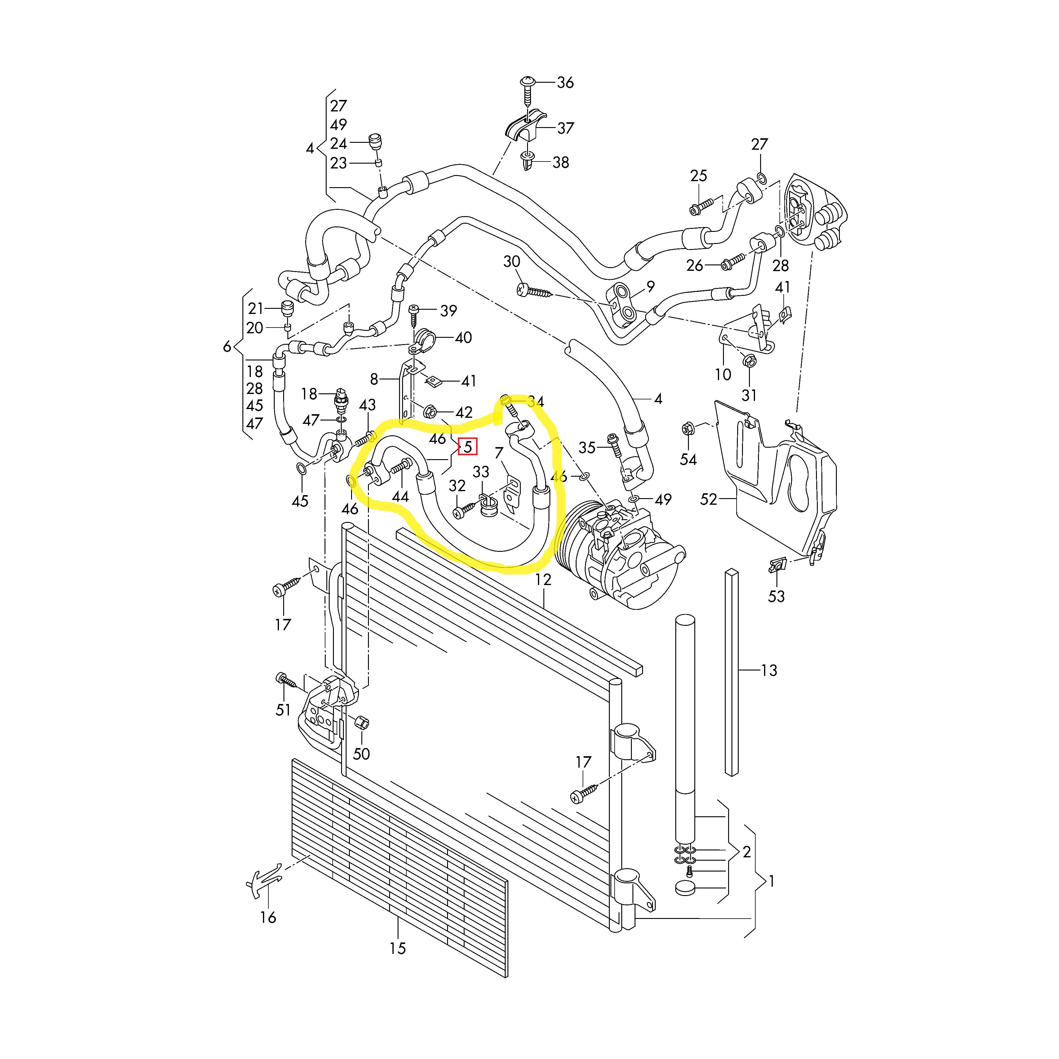 Conducta aer conditionat Audi A3 03-13, Seat Leon 05-12, Skoda Octavia 04-13, Superb 08-15, Vw Caddy 04-, Golf 5 03-10, Golf 6 08-16, Jetta 05-10, Tiguan 07-16, Touran 03-15, motor 2.0 TDI, 1.6, 1.9 TDI, furtun inalta presiune, Compresor - Condensator