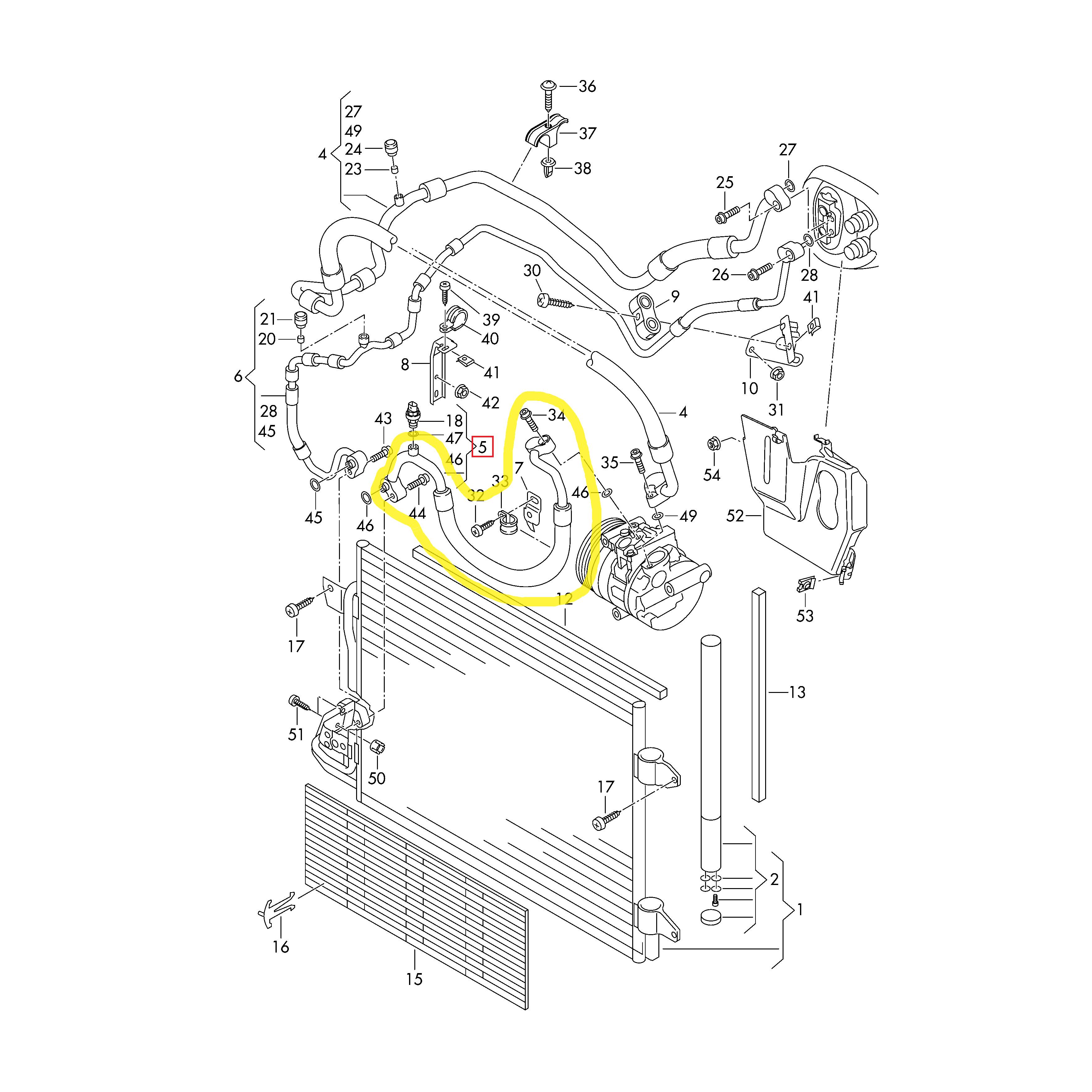 Conducta aer conditionat Audi A3 03-13, Seat Altea 03-, Leon 05-12, Skoda Octavia 04-13, Superb 08-15, Vw Caddy 04-, Golf 5 03-10, Golf 6 08-16, Jetta 05-10, Touran 10-15, motor TFSI, TSI, SDI, TDI, furtun inalta presiune, Compresor - Condensator