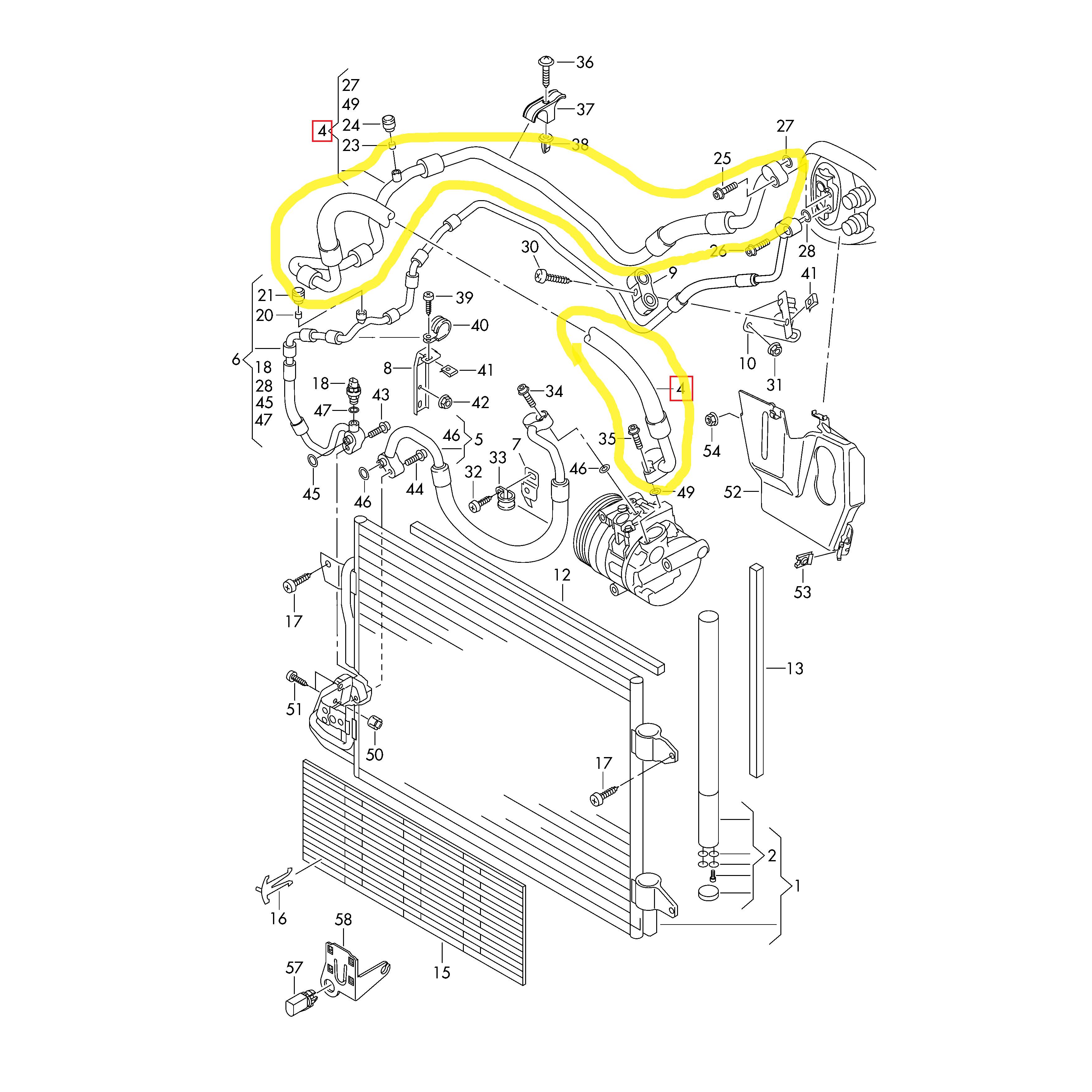 Conducta aer conditionat Audi A3 03-13, Seat Altea 03-, Leon 05-12, Toledo 04-10, Skoda Octavia 04-13, Superb 08-15, Vw Golf 5 03-10, Golf 6 08-16, Jetta 05-10, motor 1.2 TFSI, 1.4 TFSI, 1.2 TSI, 1.4 TSI, furtun joasa presiune , Compresor - Evaporator