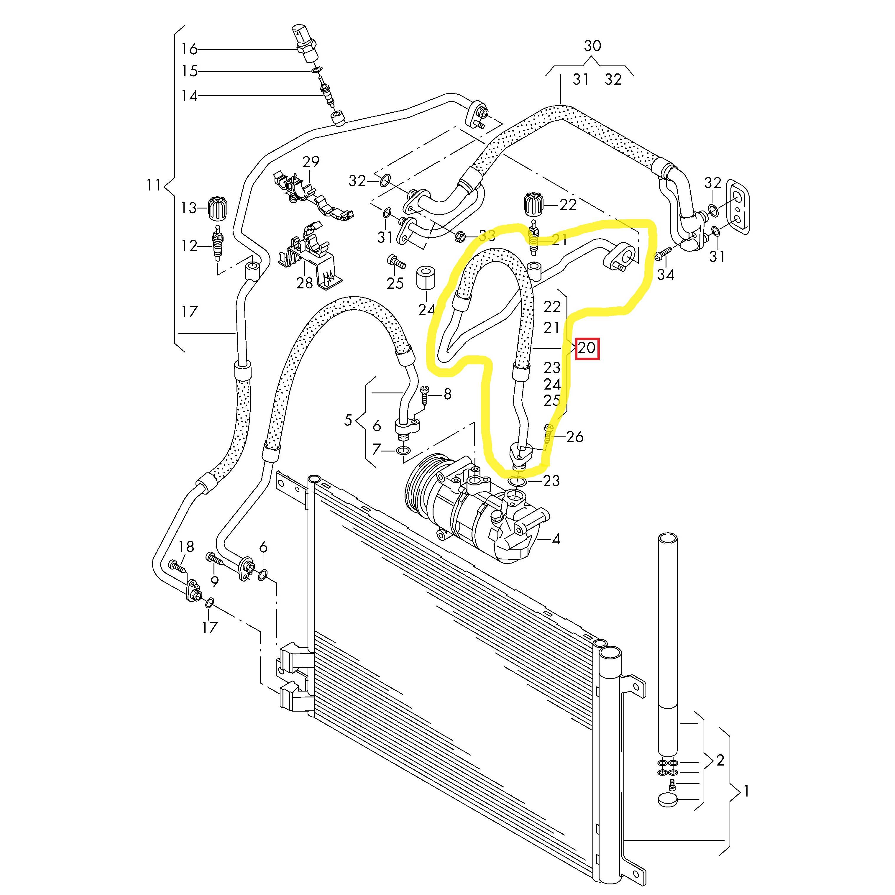 Conducta aer conditionat Audi A3 20-, Seat Leon 20-, Skoda Kodiaq 16-, Octavia 20-, Superb 15-, Vw Arteon 17-, Caddy 20-, Golf 8 20-, Passat (B8) 14-, Tiguan 16-, Touran 15-, motor TSI, TFSI, TGI, TDI, furtun joasa presiune , Compresor - Evaporator