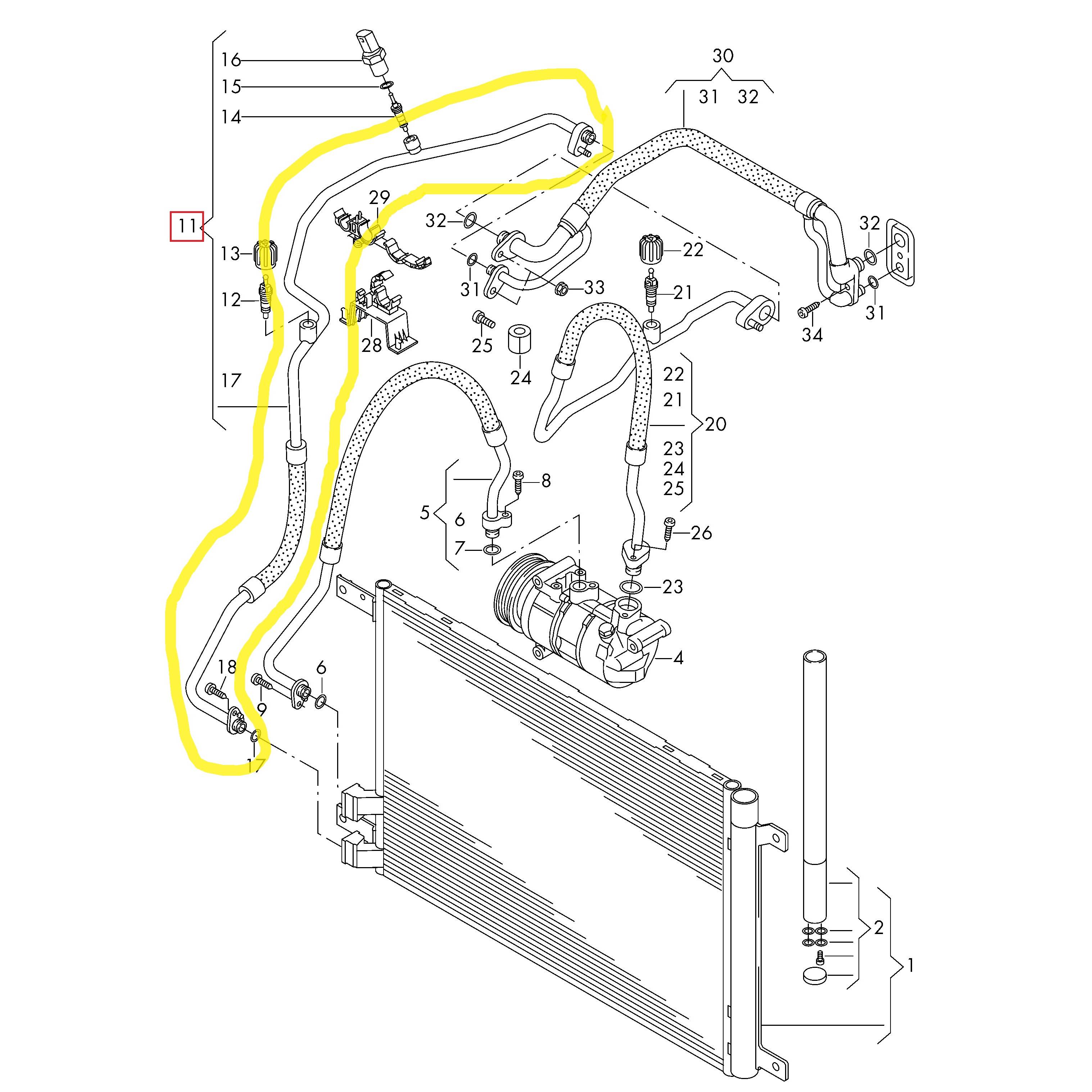 Conducta aer conditionat Audi A3 12-, Q2 16-, Seat Ateca 16-, Leon 13-, Skoda Karoq 17-, Octavia 13-, Superb 15-, Vw Arteon 17-, Golf 7 12-, Passat (B8) 14-, motor TSI, TFSI, TGI, TDI, furtun inalta presiune , Condensor - Evaporator