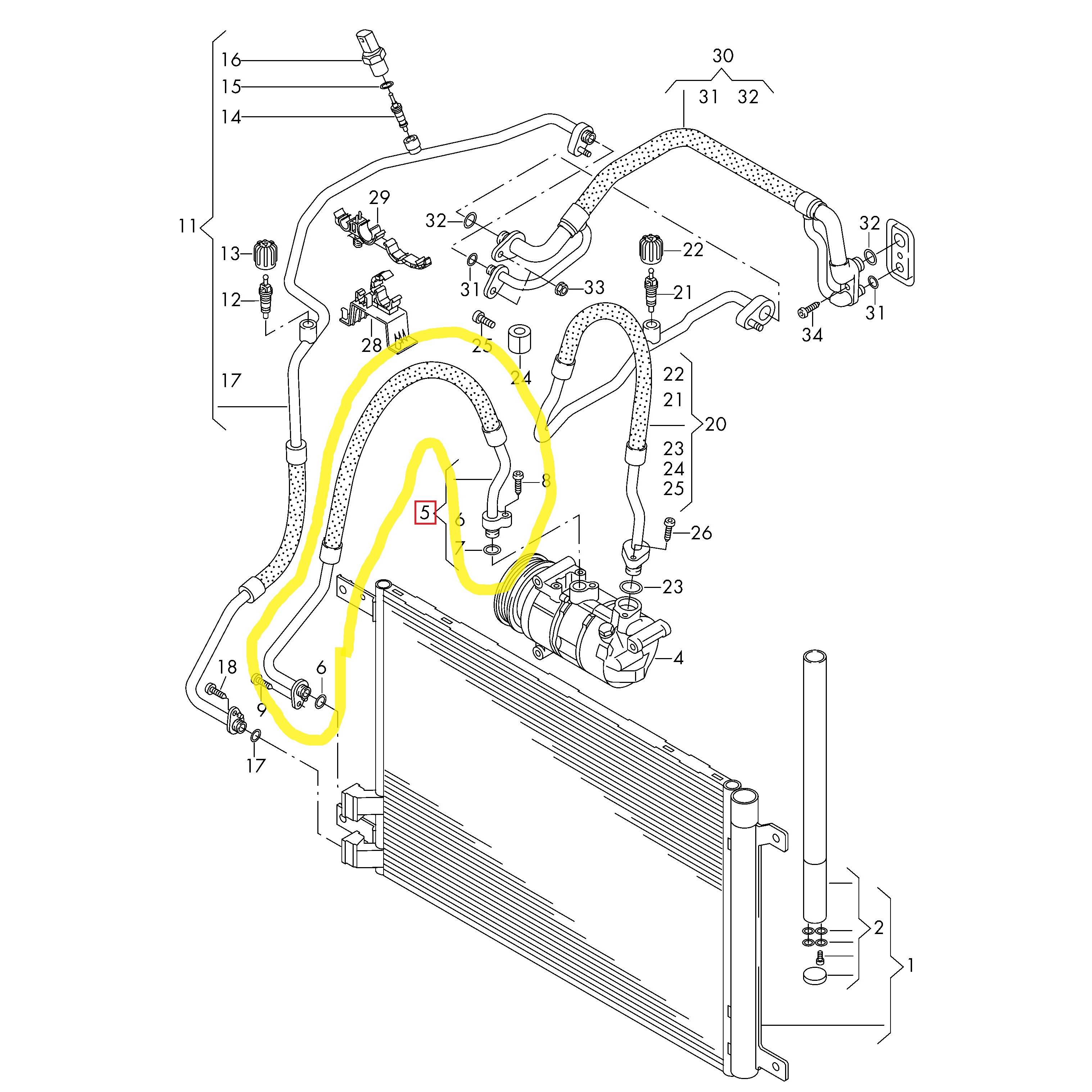 Conducta aer conditionat Vw Arteon 2017-, Passat (B8) 2014-, motor 1.5 TSI, 2.0 TDI, 2.0 TSI, 1.8 TSI, furtun inalta presiune , Compresor - Condensator, freon : R134A/R1234yf , Iesire : 15,2, Intrare : 13,6