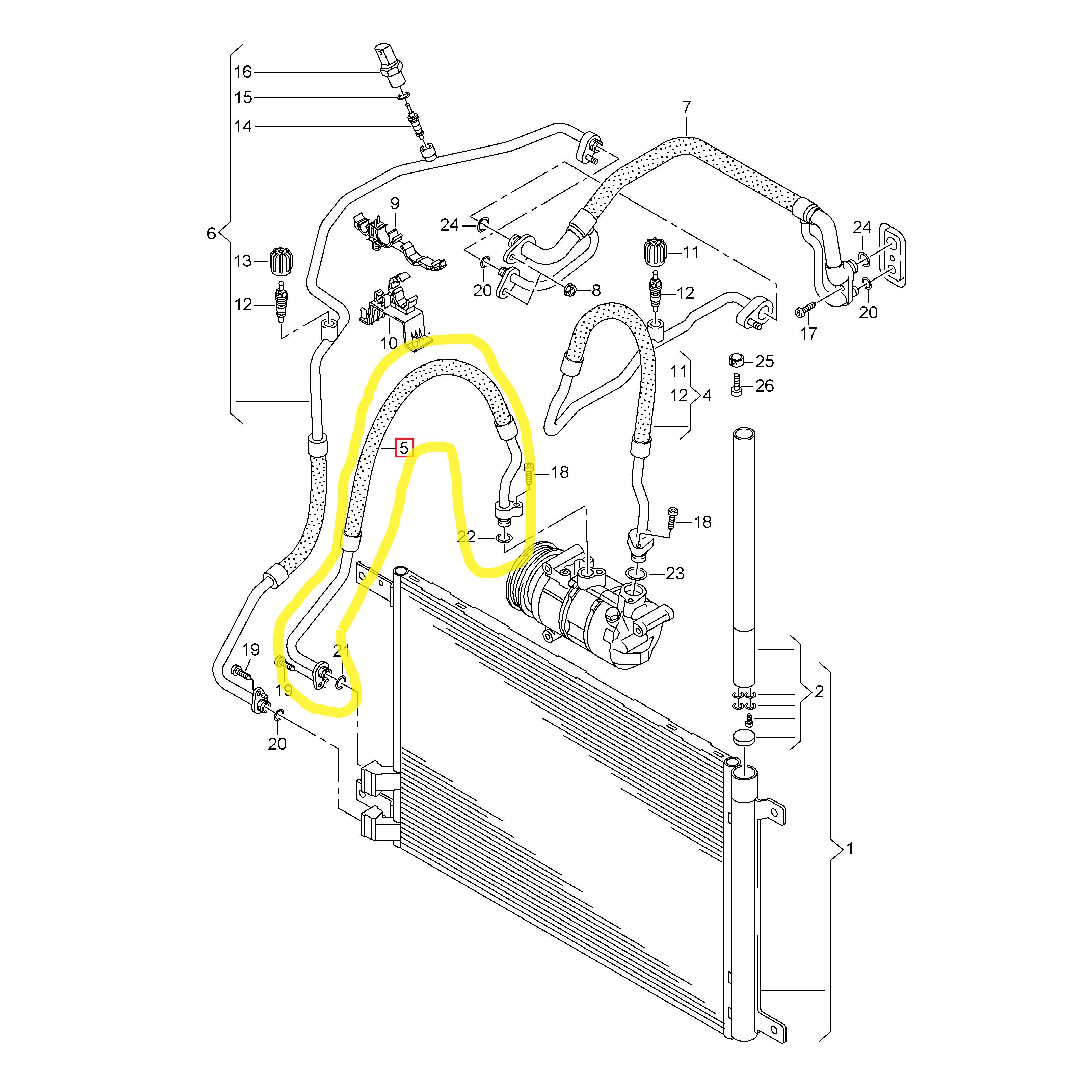 Conducta aer conditionat Audi A3 12-, Q2 16-, Seat Ateca 16-, Leon 13-, Skoda Karoq 17-, Kodiaq 16-, Octavia 13-, Superb 15-, Vw Caddy 20-, Golf 7 12-, Tiguan 16-, Touran 15-, motor TSI, TFSI, TDI, TGI, furtun inalta presiune, Compresor - Condensator