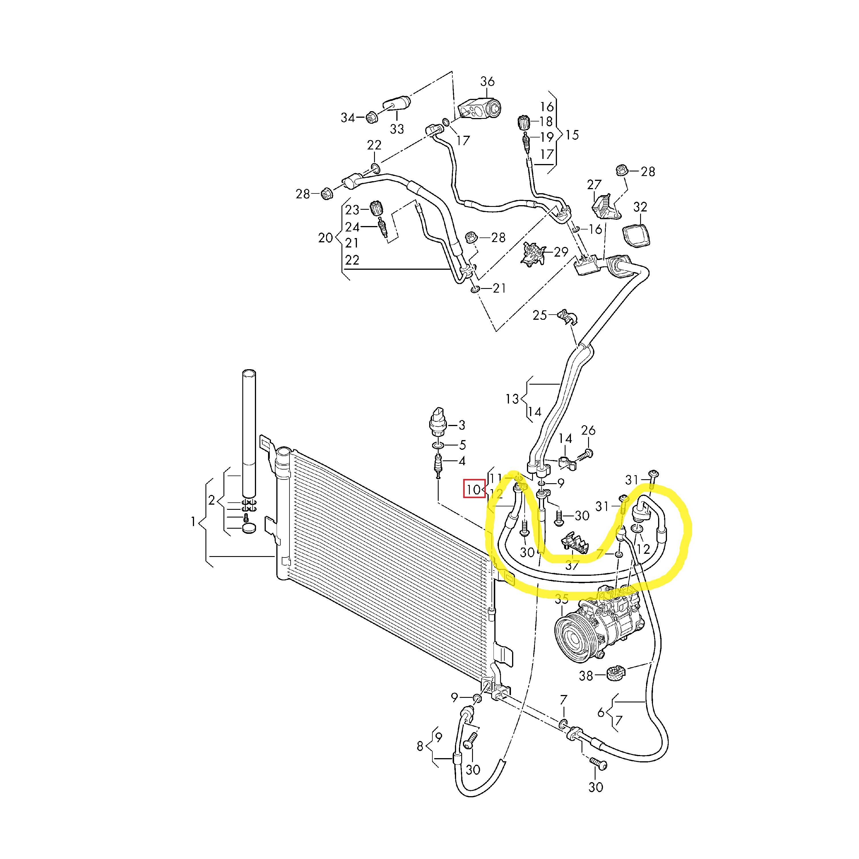 Conducta aer conditionat Audi A4 2015-, A5 2016-, motor 2.0 TFSI, 1.5 TFSI, 2.9 V6 T, 3.0 V6 T, furtun joasa presiune, Compresor - Evaporator, freon : R134A/R1234yf, Iesire : 28.2mm, Intrare : 17.8 mm