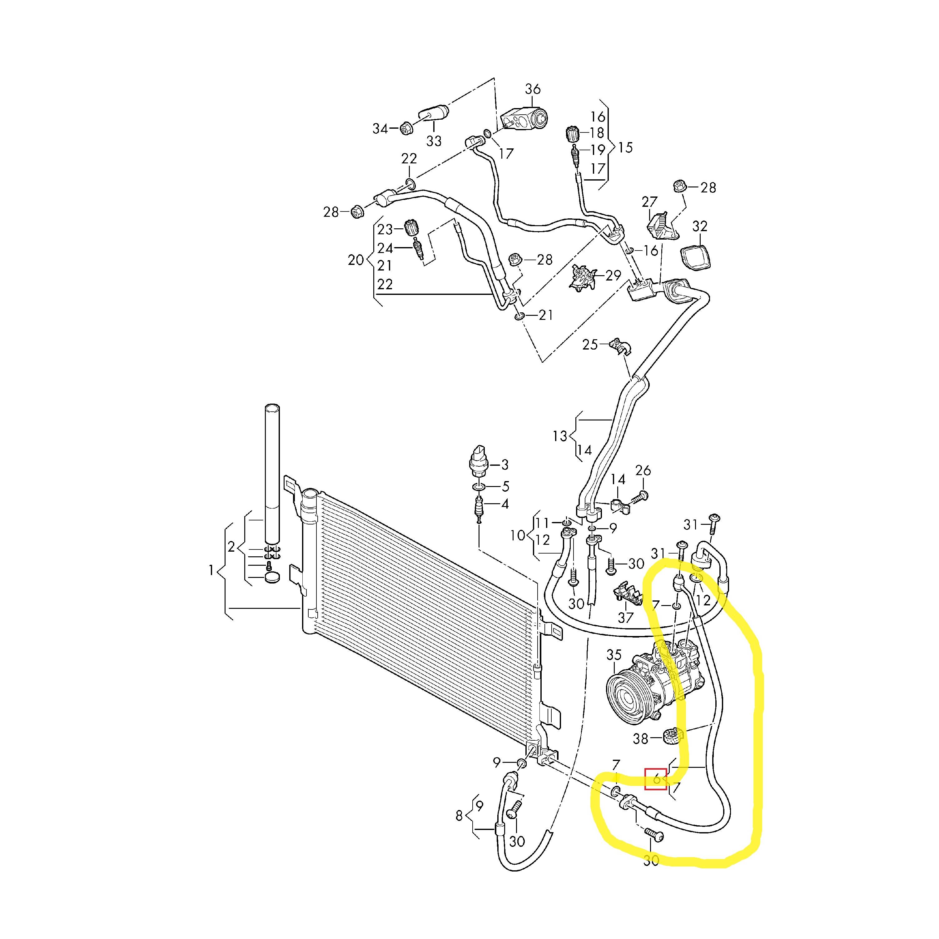 Conducta aer conditionat Audi A4 2015-, A5 2016-, motor 2.0 TDI, 2.0 TFSI, 3.0 TDI, 1.4 TFSI, 1.5 TFSI, 2.9 V6 T, 3.0 V6 T, furtun inalta presiune , Compresor - Condensator, freon : R134A/R1234yf , Iesire : 15.2mm, Intrare : 15.2mm