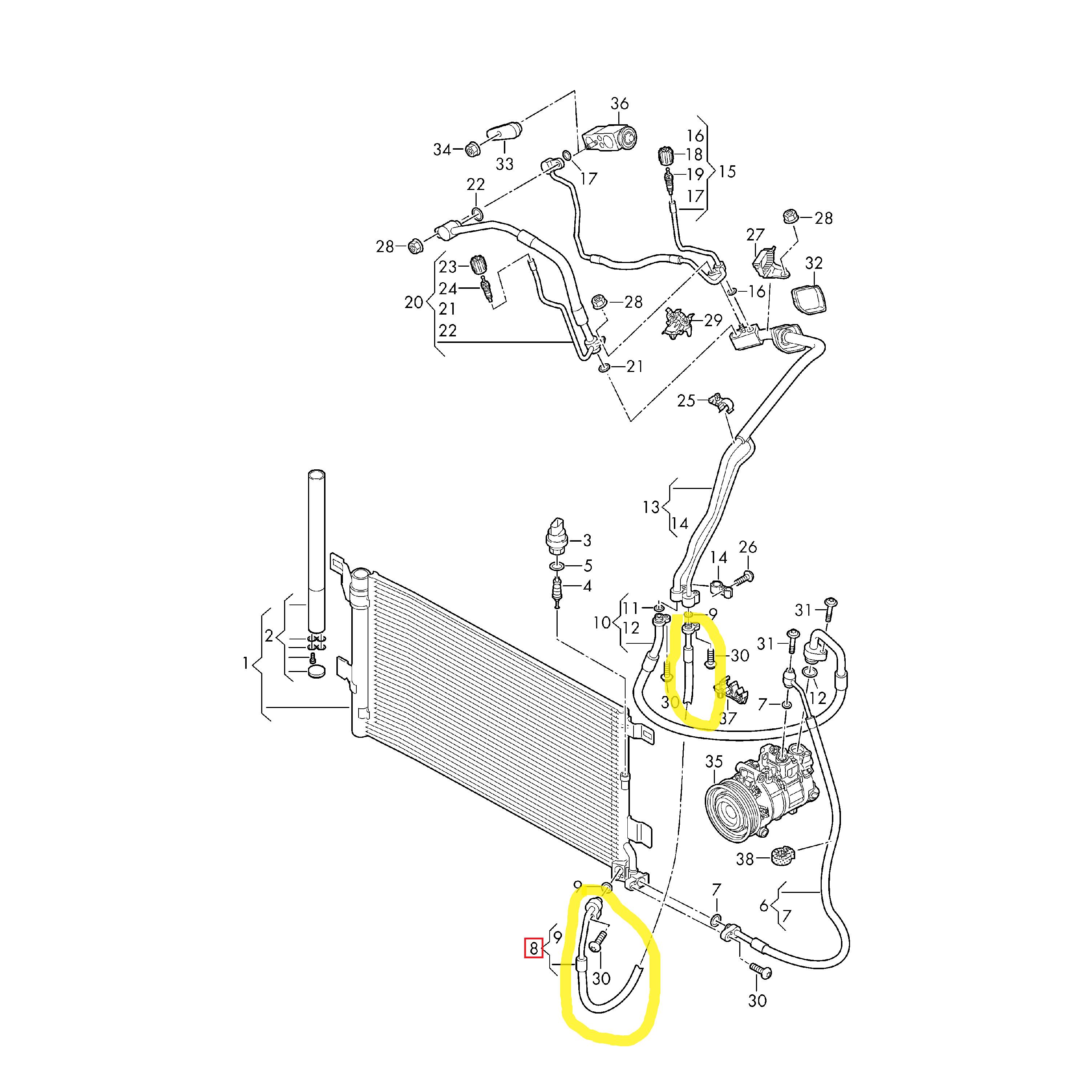 Conducta aer conditionat Audi A4 2015-, A5 2016-, motor 2.0 TDI, 2.0 TFSI, 3.0 TDI, 1.4 TFSI, 1.5 TFSI, 2.9 V6 T, 3.0 V6 T, furtun inalta presiune , Condensor - Evaporator , freon : R134A/R1234yf , Iesire : 13,=.6mm, Intrare : 13.6mm