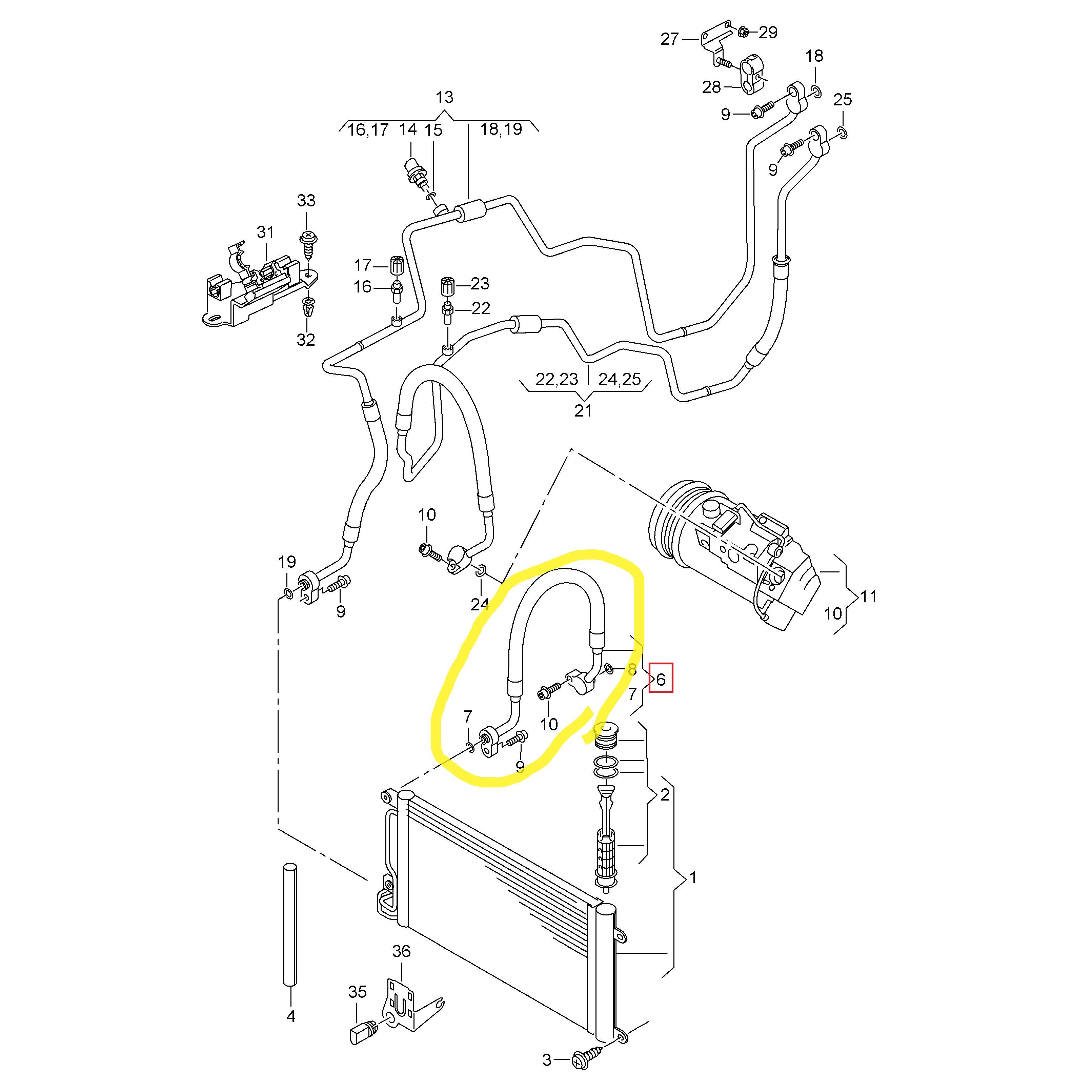 Conducta aer conditionat Audi A1 2010-, Seat Ibiza 2008-2017, Skoda Fabia 2014-, Rapid 2012-, Roomster 2006-, Vw Polo 2009-2017, motor 1.0 TFSI, 1.4 TDI, 1.6 TDI, 1.2 TSI, 1.6, 1.0, 1.0 TSI, 1.2, 1.4 TSI, furtun inalta presiune , Compresor - Condensator