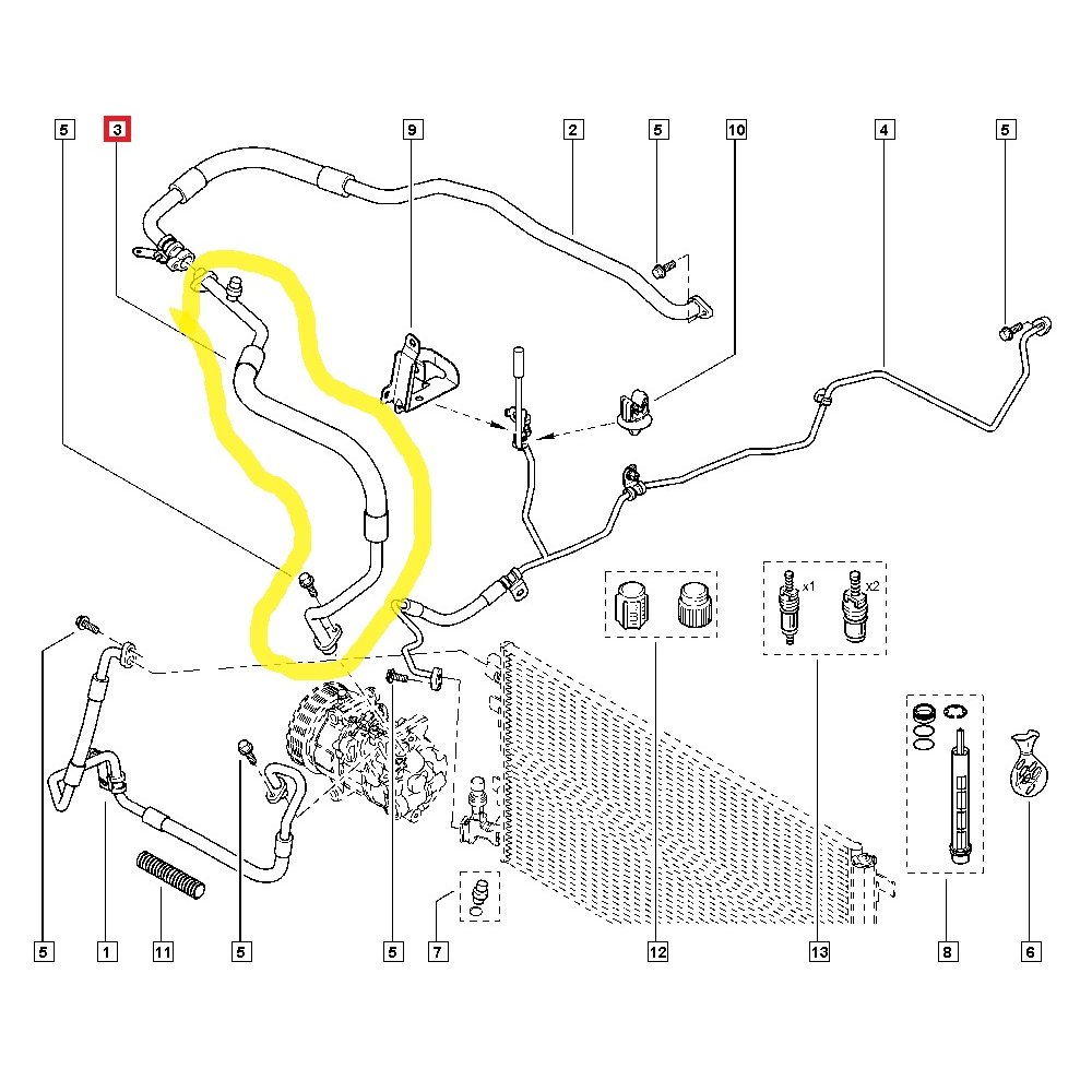 Conducta aer conditionat Renault Fluence 2010-, Megane 2008-2016, Scenic/Grand Scenic 2009-2016, motorEV, 1.5 dci, 1.6, 1.6 dci, 2.0, 2.0 TCE, 1.2 TCE, 1.4 TCE, 1.9 dci, 2.0 dci, furtun joasa presiune , Compresor - Evaporator , freon : R134A