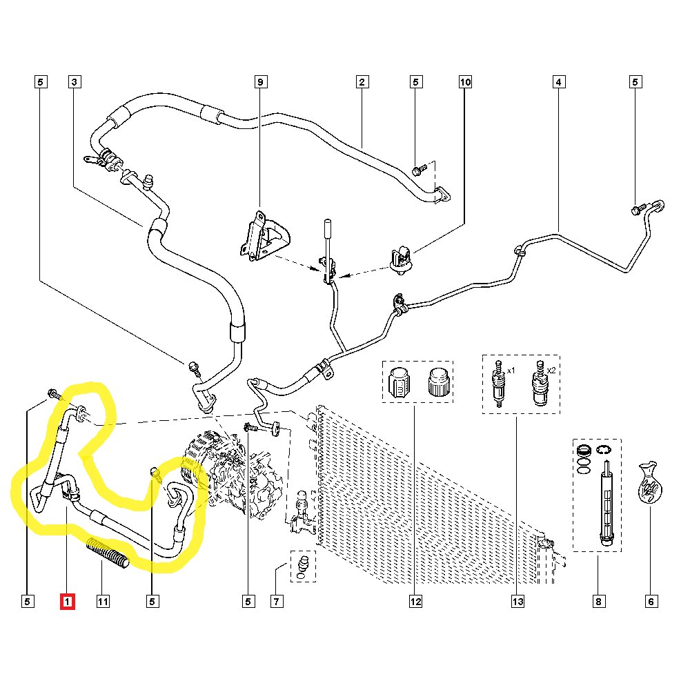 Conducta aer conditionat Renault Fluence 2010-, Megane 2008-2016, Scenic/Grand Scenic 2009-2016, motor EV, 1.5 dci, 1.6, 1.6 dci, 2.0, 2.0 TCE, 1.2 TCE, 1.4 TCE, 1.9 dci, 2.0 dci, furtun inalta presiune, Compresor - Condensator, freon : R134A