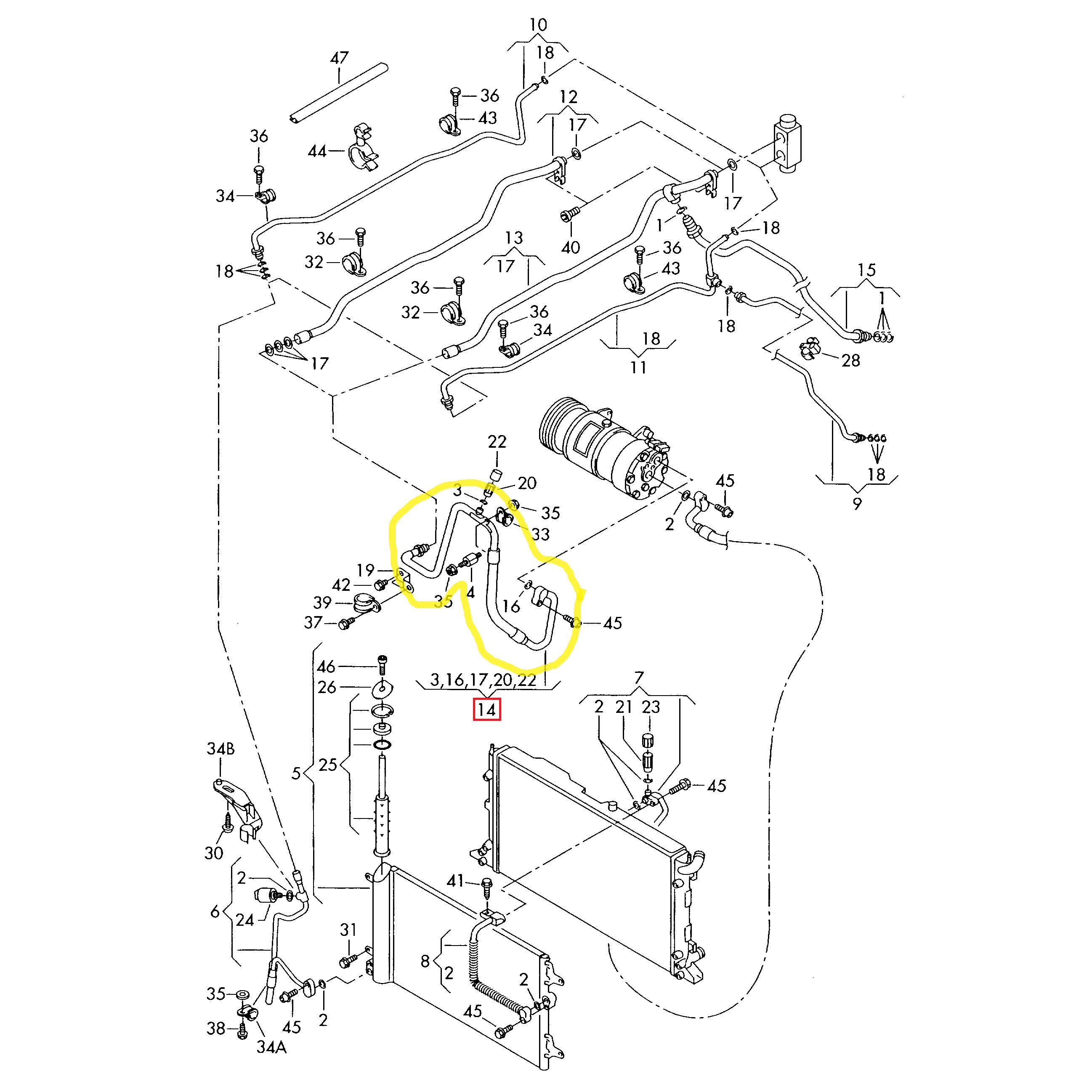 Conducta aer conditionat Ford Galaxy 2000-2006, Seat Alhambra 2000-2010, Vw Sharan 2000-2010, motor 1.9 TDI, 2.0, Conducta joasa presiune, Compresor - Evaporator, freon : R134A, Iesire : 20.4mm, Intrare : 18.1mm