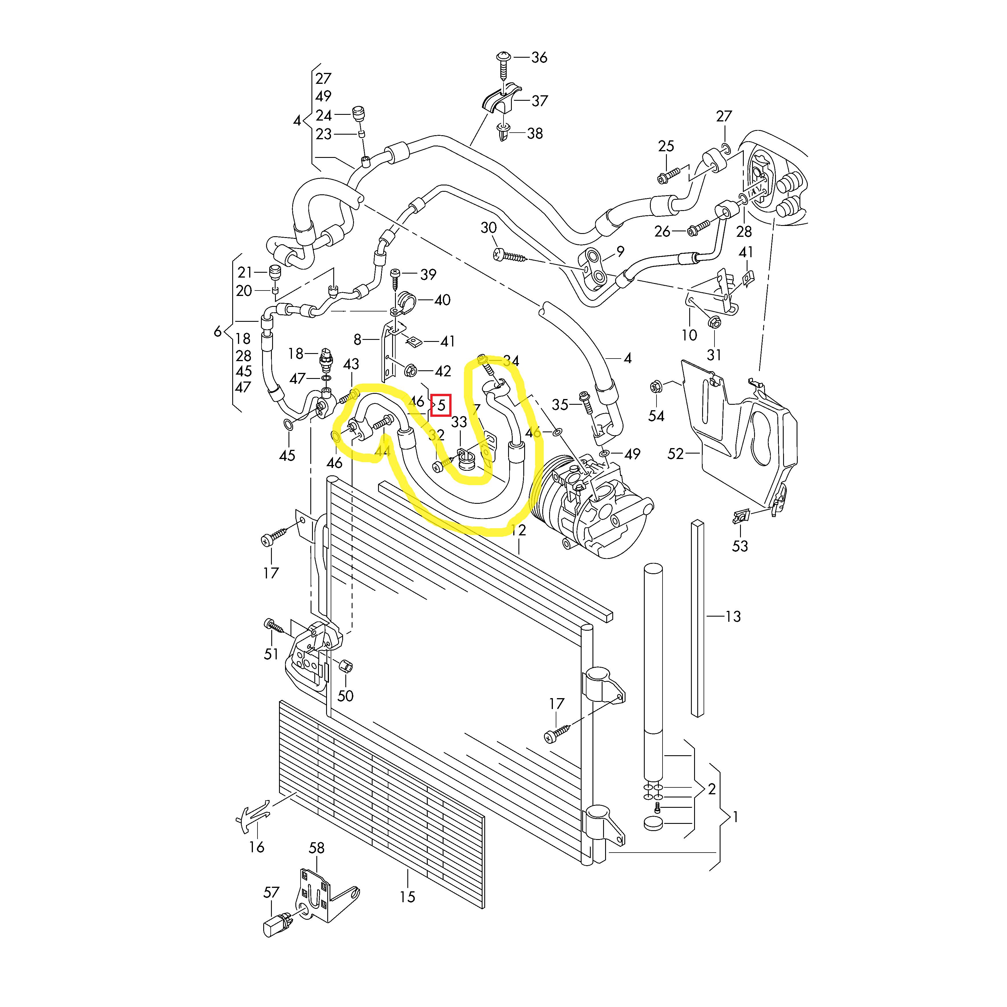 Conducta aer conditionat Audi A3 03-13, Seat Leon 05-12, Skoda Octavia 04-13, Superb 08-15, Yeti 09-, Vw Caddy 04-, Golf 5 03-10, Golf 6 08-16, Tiguan 07-16, Touran 03-10, motor 1.8 TFSI TSI, 2.0 TFSI TSI, furtun inalta presiune , Compresor - Condensator