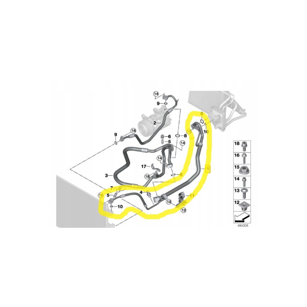 Conducta aer conditionat BMW X3 G01 2017-, X4 G02 2018-, motor 3.0 R6 T, 3.0 d, 2.0 d, 1.6 T, 2.0 T, furtun presiune variabila; cu sensor, Evaporator - Compresor - Condensator, freon : R134A/R1234yf, Iesire : 17.7 / 14.6mm, Intrare : 5.4 / 5.4mm