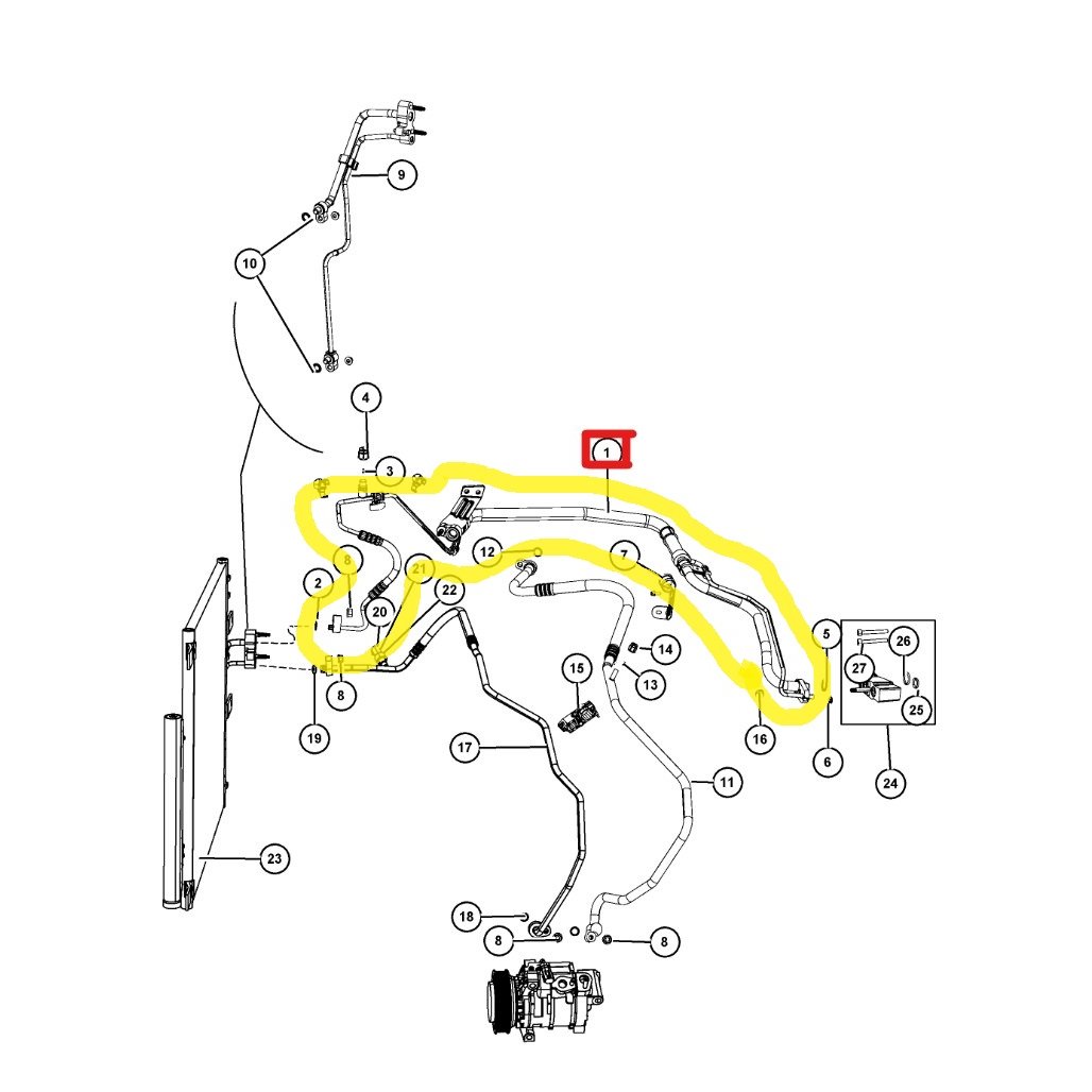 Conducta aer conditionat Dodge RAM 1500/2500/3500 2012-2019, motor 3.0 d, 3.6 V6, 5.7 V8, furtun presiune variabila, Evaporator - Compresor - Condensator, freon : R134A, Iesire : 13.7 / 17.4mm, Intrare : 5.5 / 6.4mm
