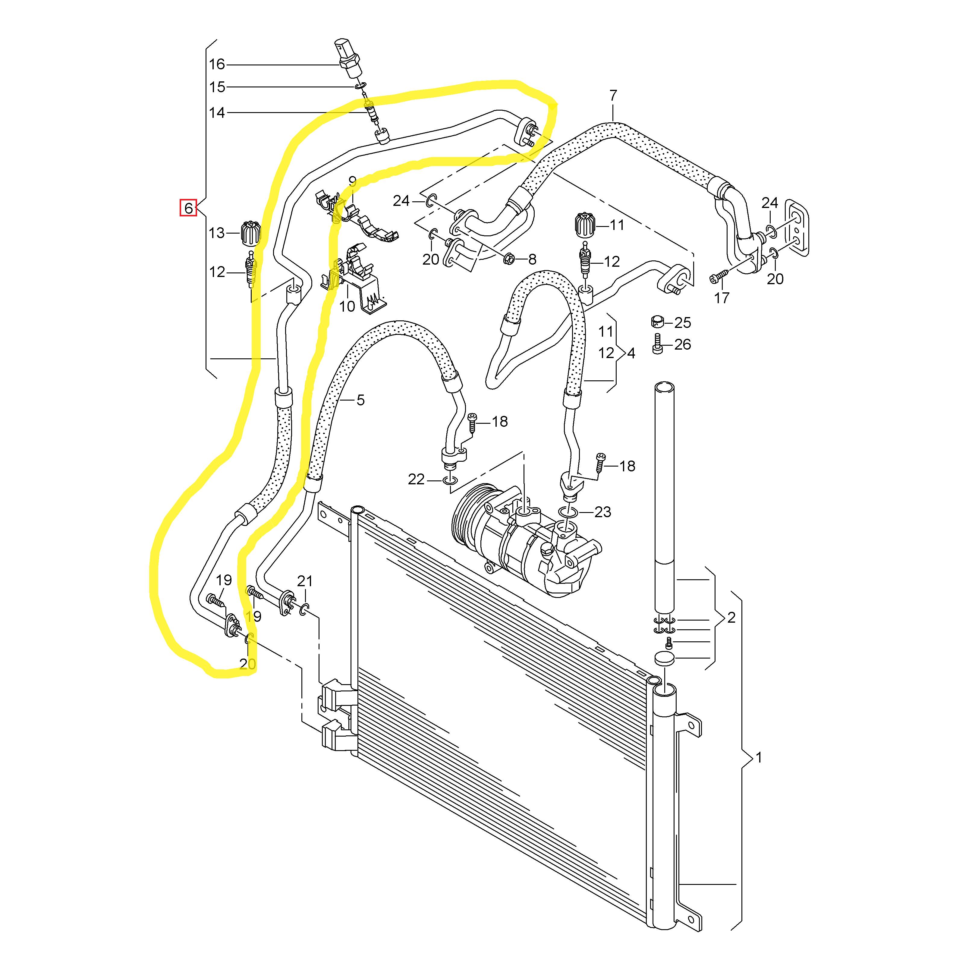 Conducta aer conditionat Audi A3 2012-, Q2 2016-, Vw Passat (B8) 2014-, Touran 2015-, motor 2.0 TDI, 1.6 TDI, 1.0 TFSI TSI, 1.2 TFSI TSI , 1.4 TFSI TSI, 1.5 TFSI TSI, furtun inalta presiune , Condensor - Evaporator, Iesire : 11.6mm, Intrare : 11.6mm