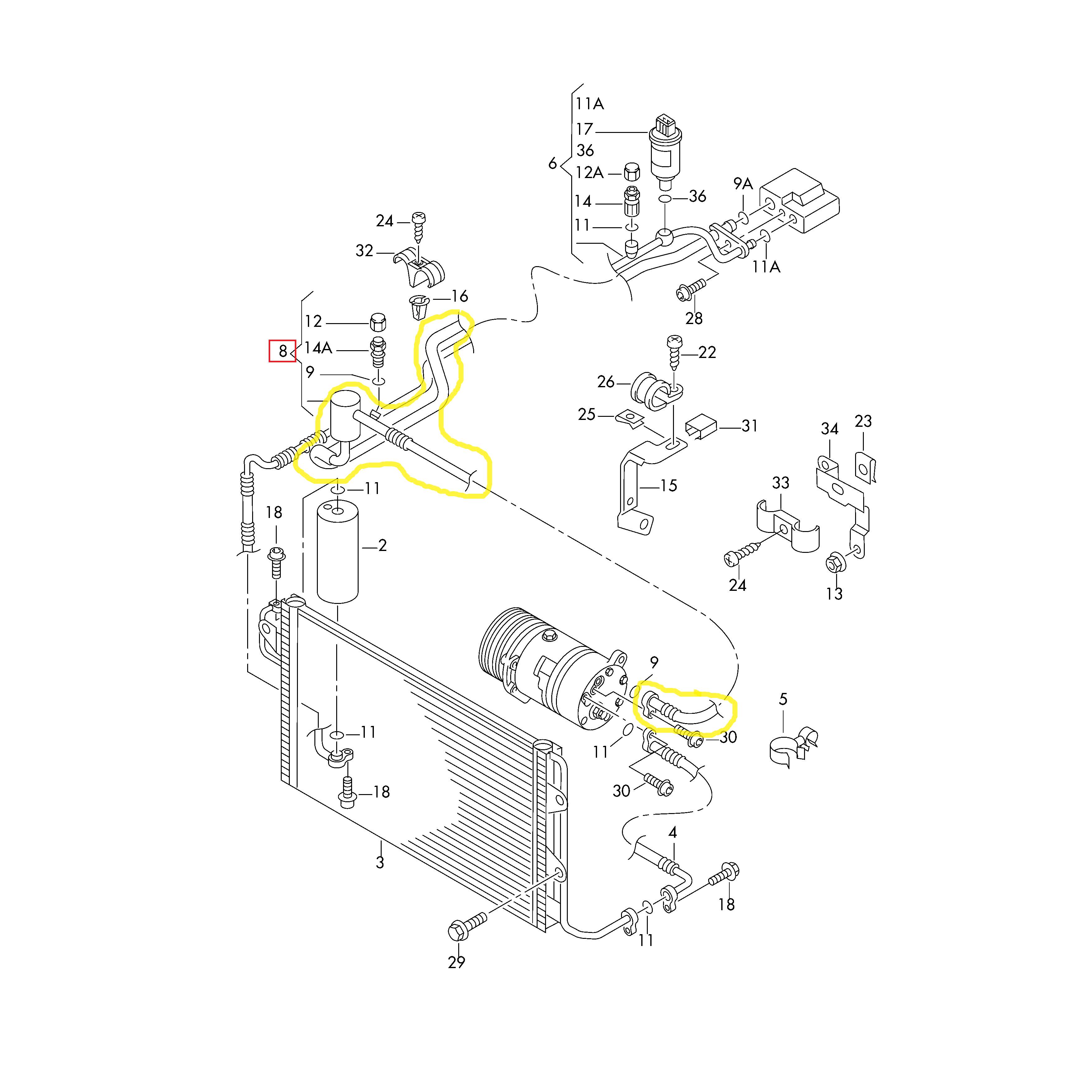 Conducta aer conditionat Audi A3, 1996-2003, Seat Leon, 1999-2005, Toledo, 1999-2005, Skoda Octavia, 1996-2010, Vw Bora, 1998-2005, Vw Golf 4, 1997-2003, motor 1.6, 1.8, 1.8 T, 1.9 TDI, furtun joasa presiune, Compresor - Evaporator, freon : R134A