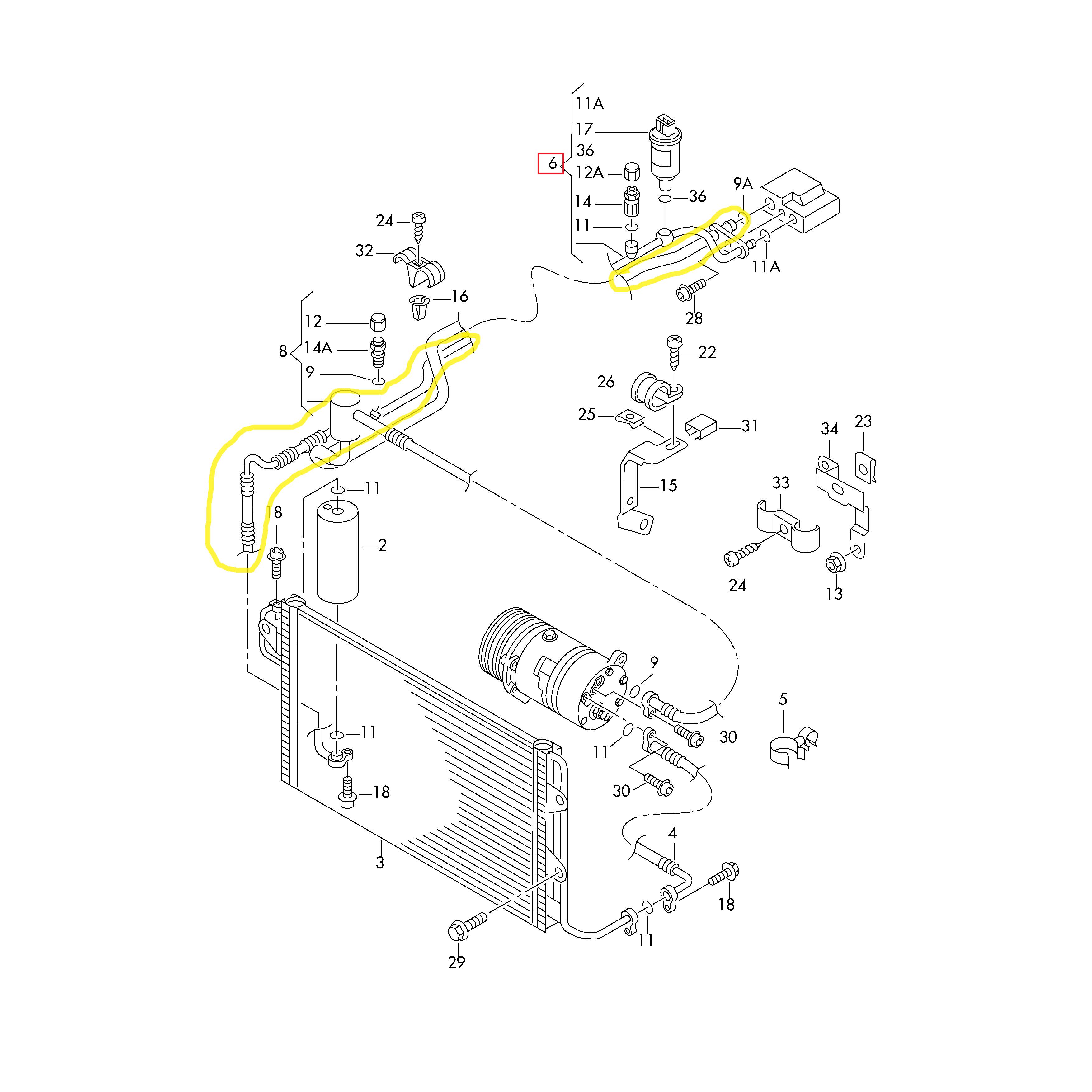 Conducta aer conditionat Audi A3, 96-03, Leon, 99-05, Toledo, 99-05, Octavia, 96-10, Bora, 98-05, Golf 4, 97-03, motor 1.6, 1.8, 1.9 TDI, 1.4, 1.9 SDI, 2.0, 2.3, furtun inalta presiune , Condensor - Evaporator, freon : R134A, Ies : 8.6mm, Int : 12.8mm
