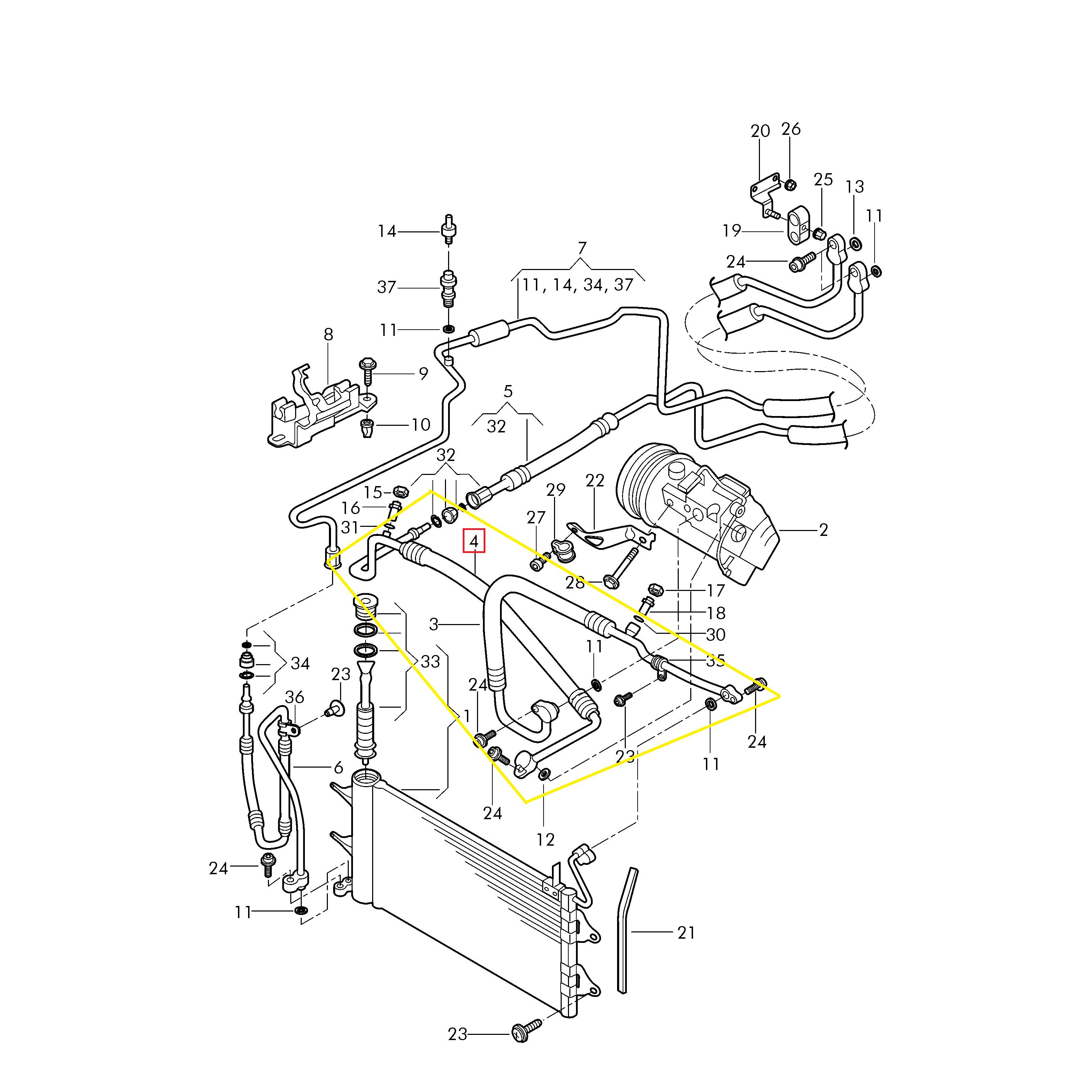 Conducta aer conditionat Seat Cordoba 2002-2009, Skoda Fabia, 1999-2007, Vw Fox 2005-, Polo 2001-2005, Polo 2005-2009, motor 1.4, 1.6, furtun joasa presiune, Compresor - Evaporator, freon : R134A, Iesire : 15.4mm, Intrare : 28.2mm