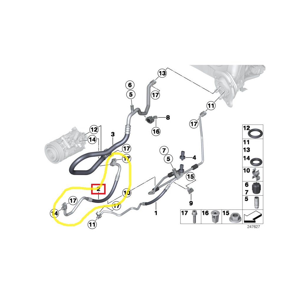 Conducta aer conditionat BMW Seria 1 F20/21 2011-2019, Seria 3 F30/31 2011-, motor 1.6 T, 1.5 T, 2.0 T, furtun inalta presiune , Compresor - Condensator, freon : R134A/R1234yf, Iesire: 15.2mm, Intrare: 15.2mm