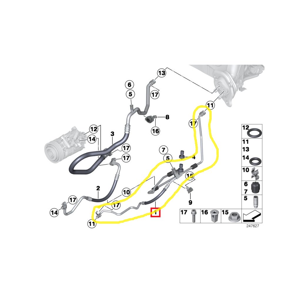 Conducta aer conditionat BMW Seria 1 F20/21 2011-2019, Seria 2 F22/F23 2014-, Seria 3 F30/31 2011-, Seria 4 F32/33 2013-, motor 1.5 D, 1.6 D, 2.0 d, 3.0 d, furtun inalta presiune , Condensor - Evaporator, freon : R134A/R1234yf