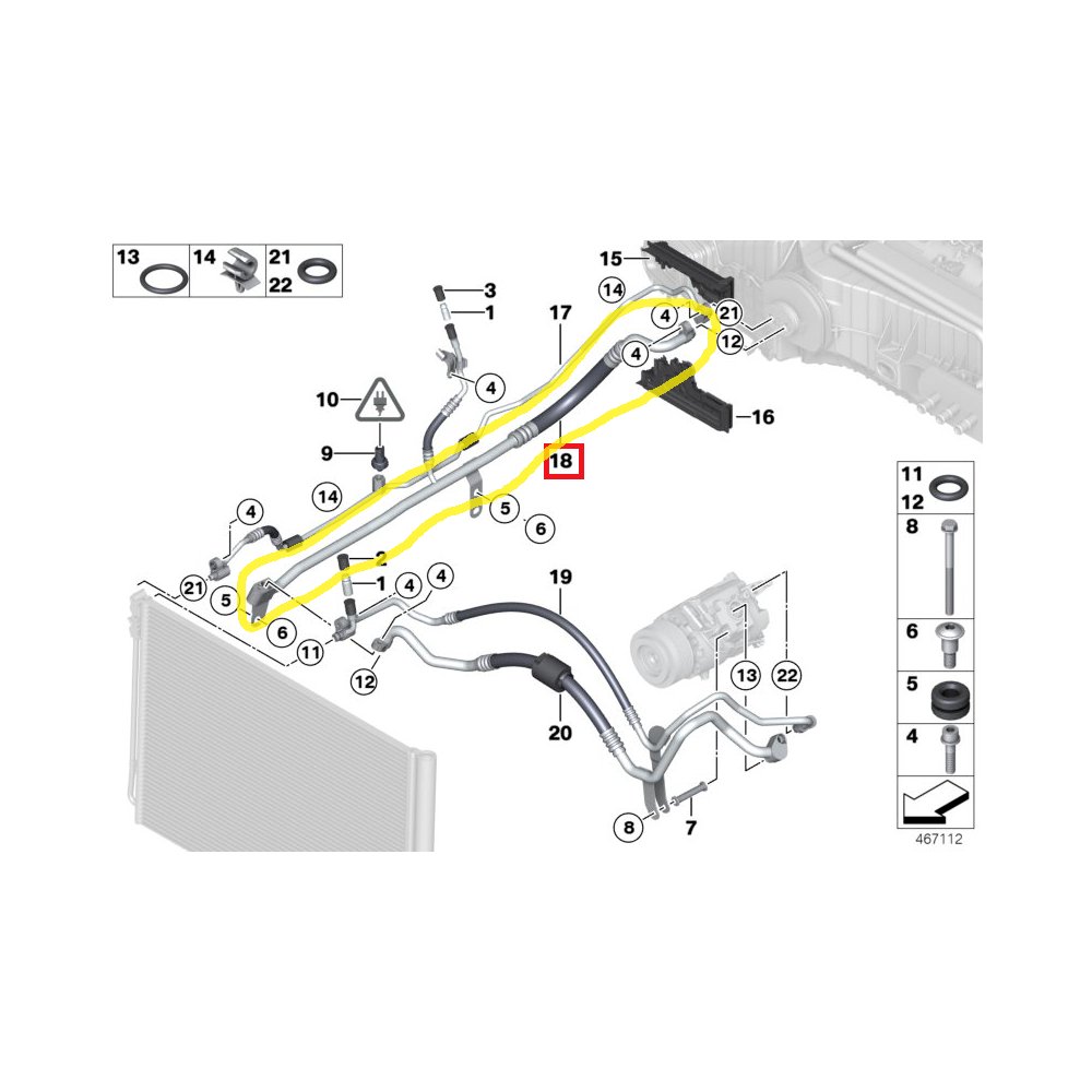 Conducta aer conditionat BMW Seria 5 F10/F11 2010-, 5 Gt F07 2009-, Seria 7 F01/F02 2008-, motor 2.0 d, 1.6 T, 2.0 T, 3.0 R6, 3.0 d, 3.0 R6 T, furtun joasa presiune, Compresor - Evaporator, freon : R134A, Iesire : 17.9mm, Intrare : 17.9mm