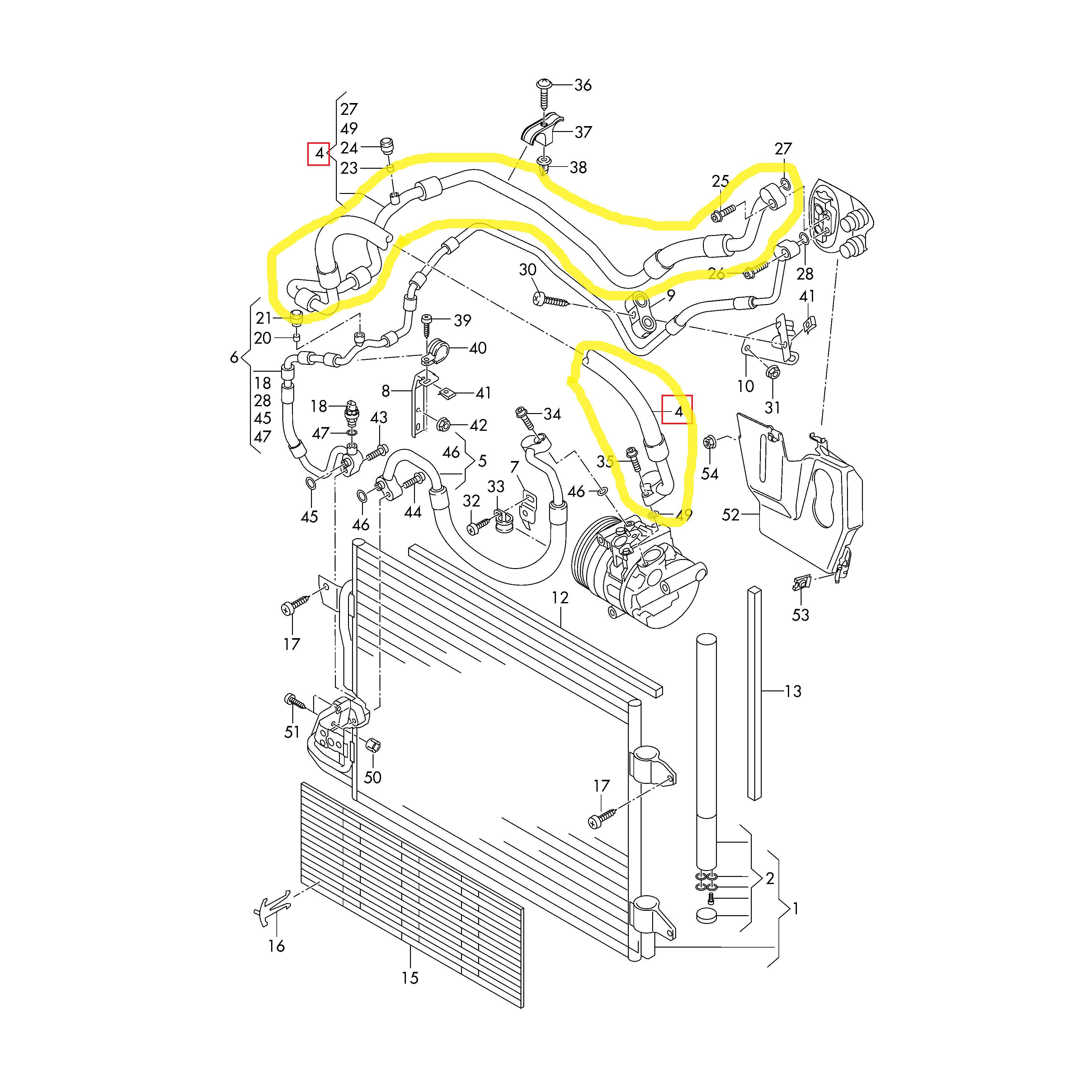 Conducta aer conditionat Audi A3 03-13, Leon 05-12, Skoda Octavia 04-13, Superb 08-15, Yeti 09-, Vw Golf 5 03-10, Golf 6 08-16, Jetta 05-10, motor 2.0 TDI, 1.6 TDI, 1.9 TDI, 2.0 SDI, furtun joasa presiune, Compresor - Evaporator, freon : R134A