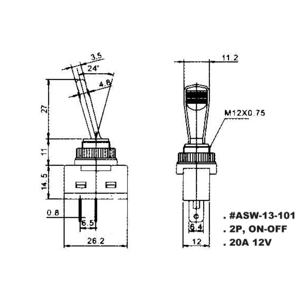 Intrerupator auto BestAutoVest 12V, 20AH, On/Off Negru, gaura montare 12.5mm, plastic